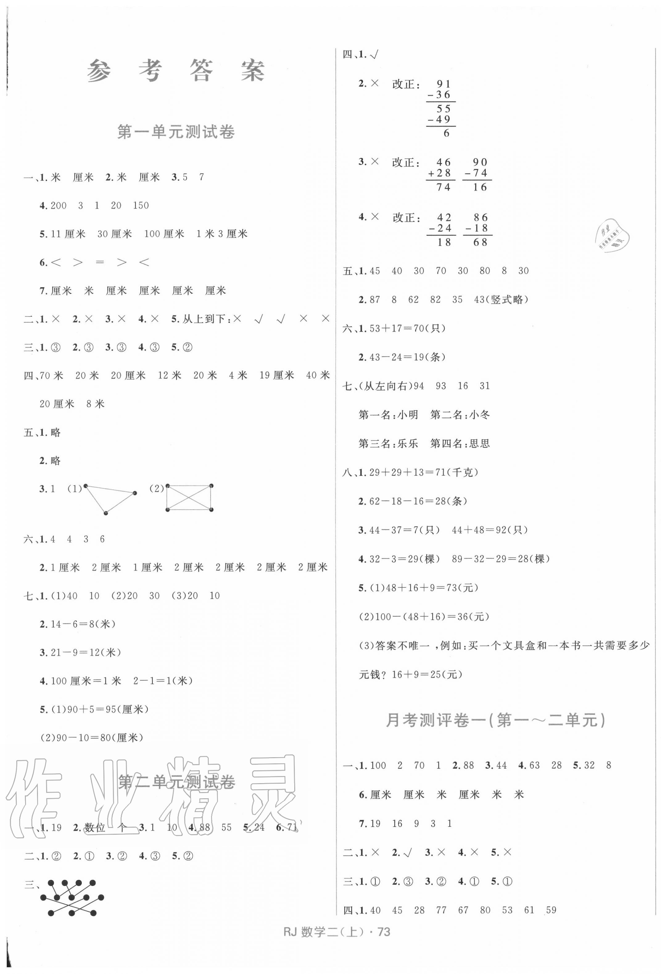 2020年贏在起跑線天天100分小學(xué)優(yōu)化測(cè)試卷二年級(jí)數(shù)學(xué)上冊(cè)人教版 參考答案第1頁(yè)