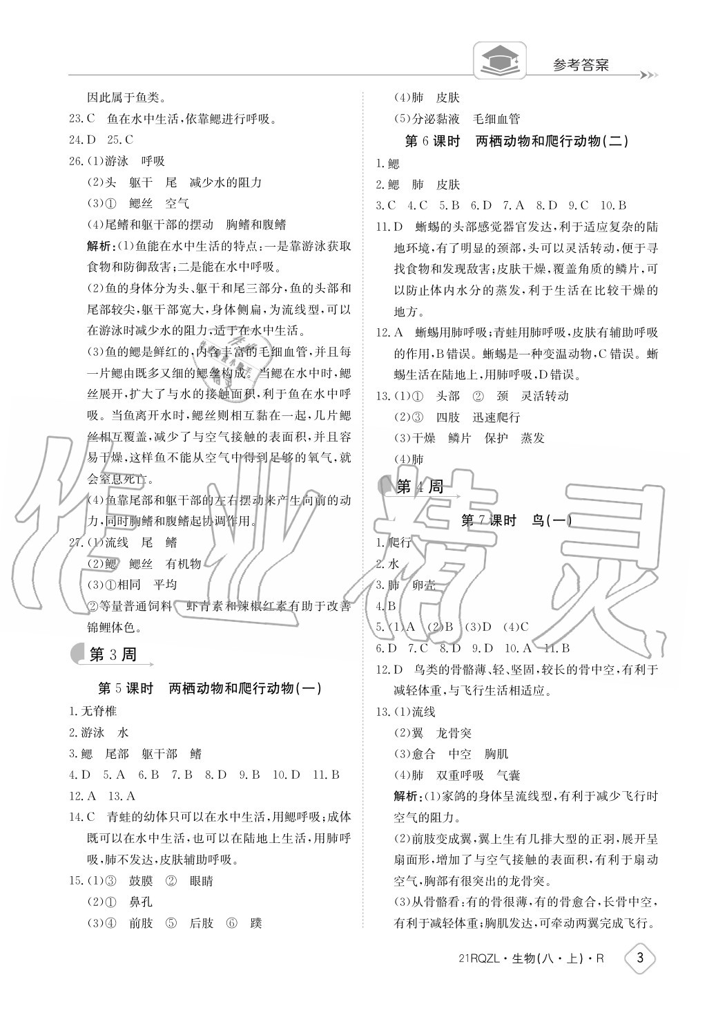 2020年日清周練八年級生物上冊人教版 參考答案第3頁