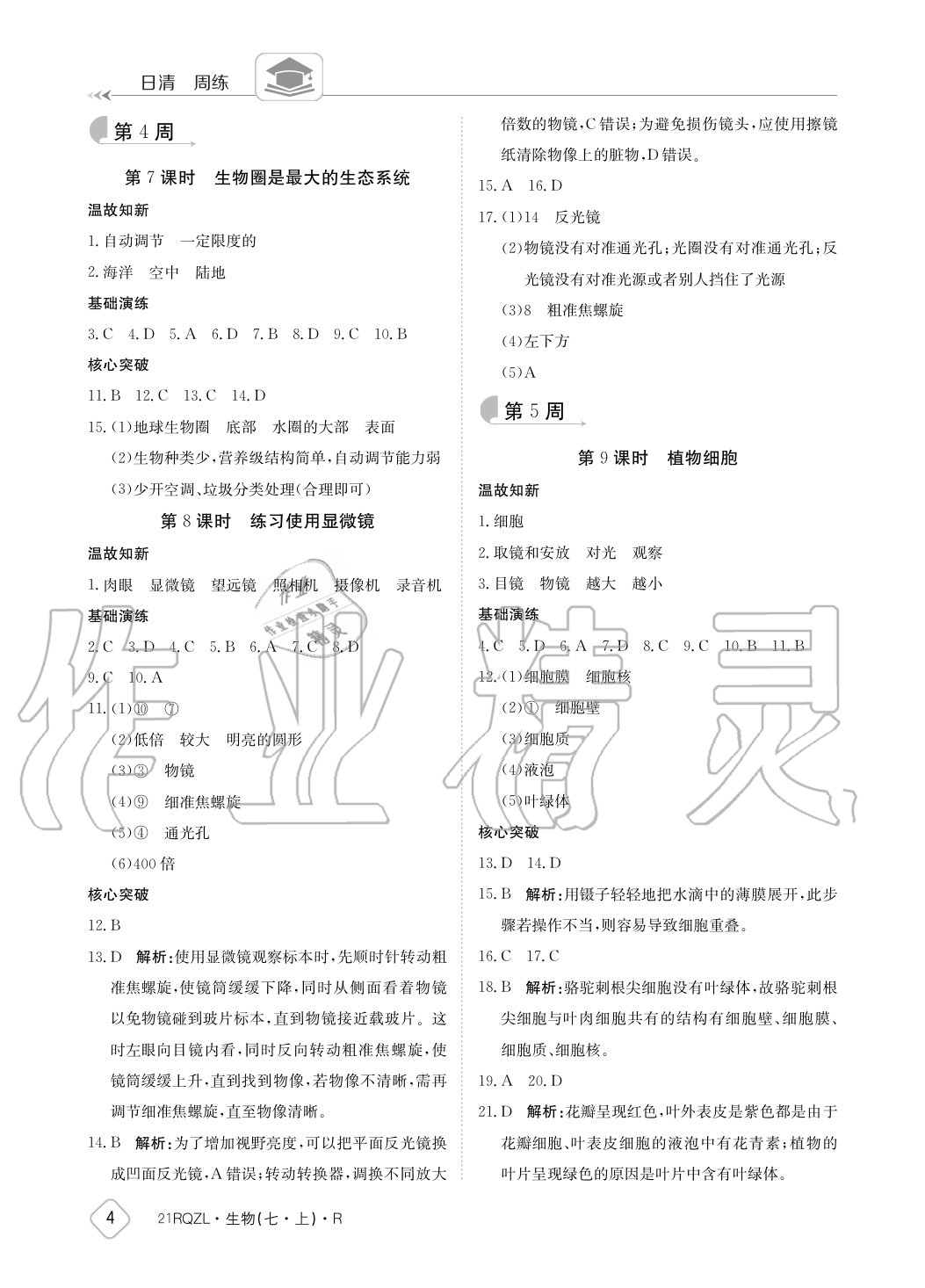 2020年日清周練七年級生物上冊人教版 參考答案第4頁