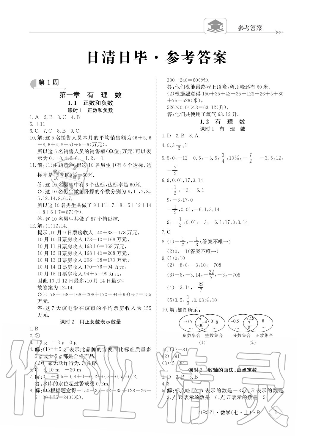 2020年日清周練七年級數(shù)學(xué)上冊人教版 參考答案第1頁