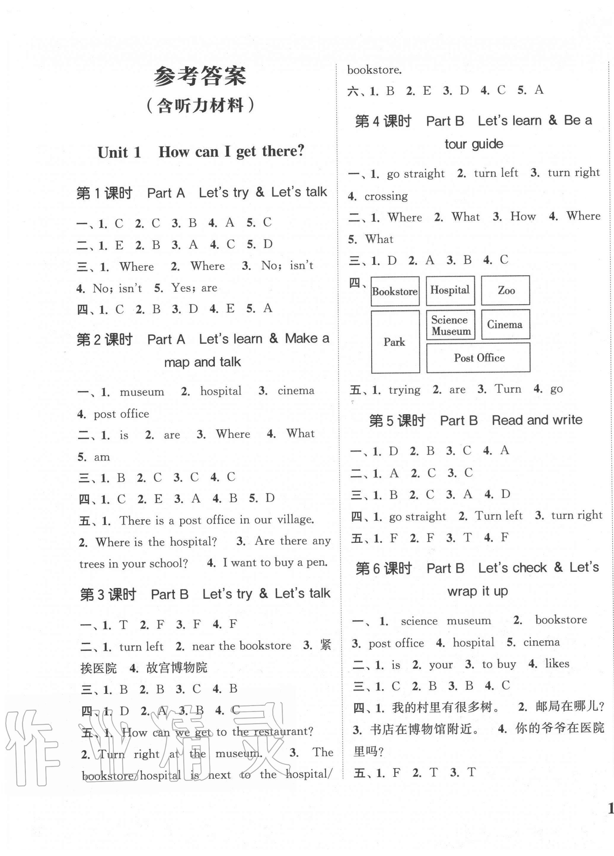 2020年通城学典课时新体验六年级英语上册人教PEP版 参考答案第1页