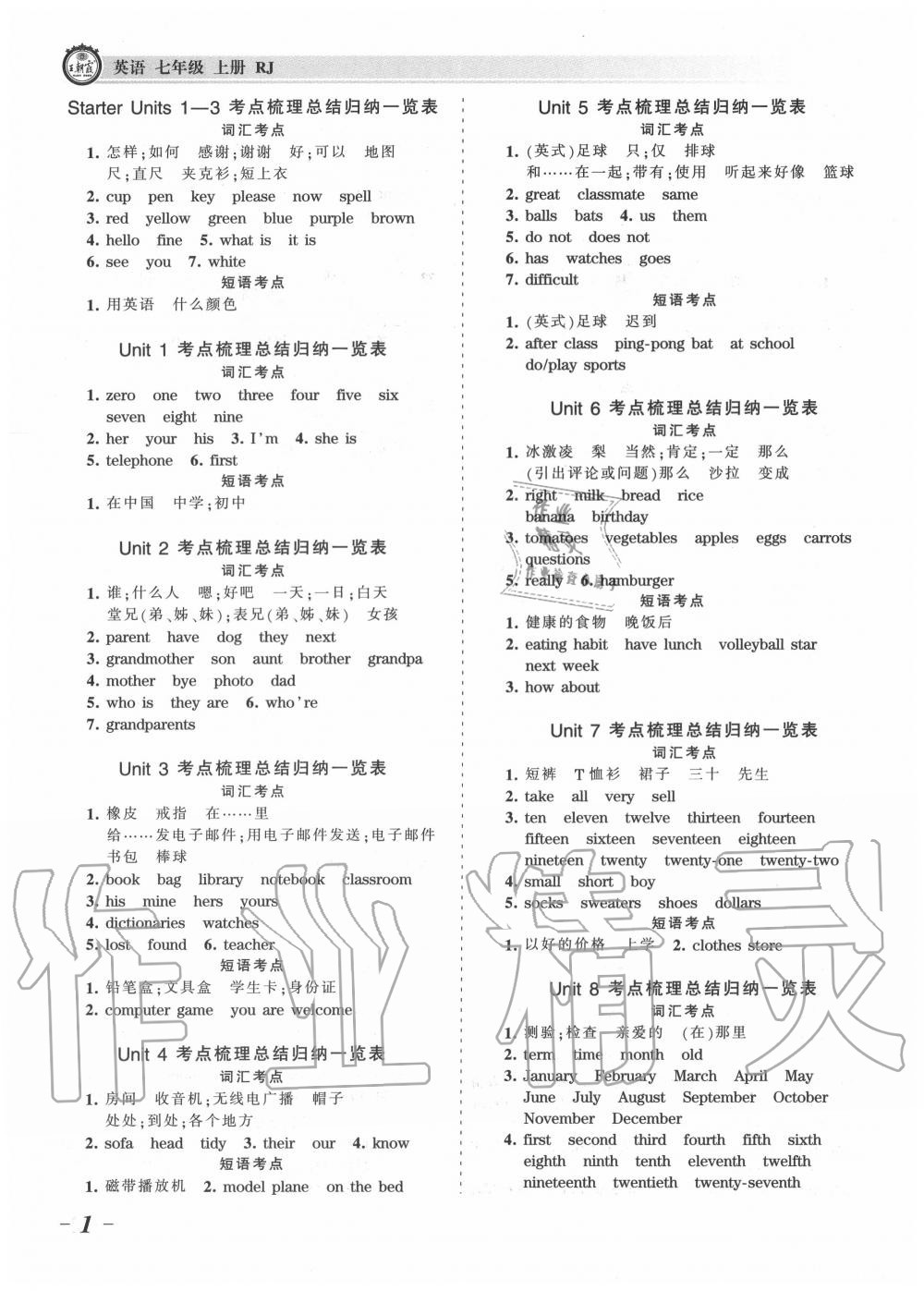 2020年王朝霞考點(diǎn)梳理時(shí)習(xí)卷七年級(jí)英語(yǔ)上冊(cè)人教版 第1頁(yè)