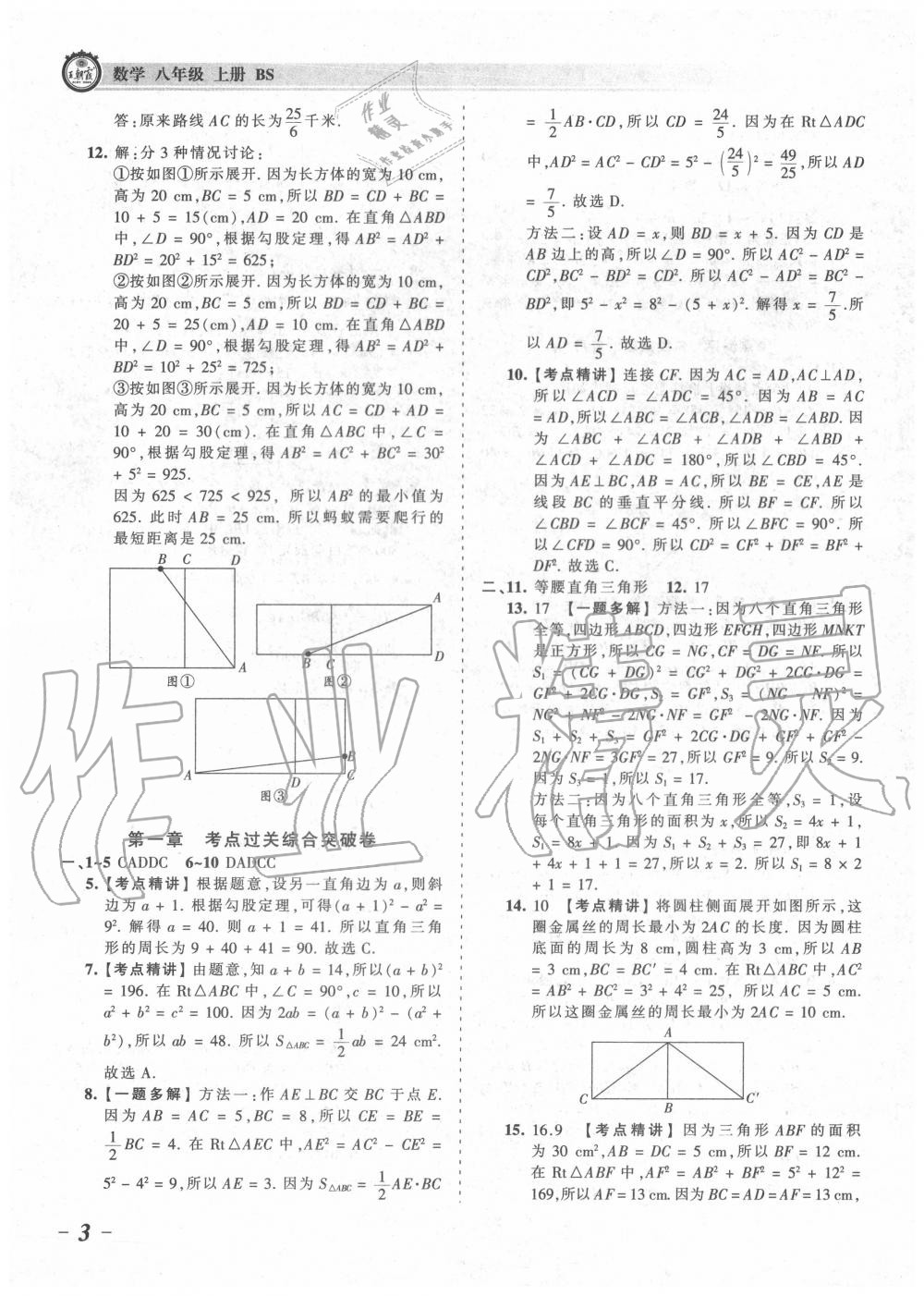 2020年王朝霞考點(diǎn)梳理時(shí)習(xí)卷八年級(jí)數(shù)學(xué)上冊(cè)北師大版 參考答案第3頁