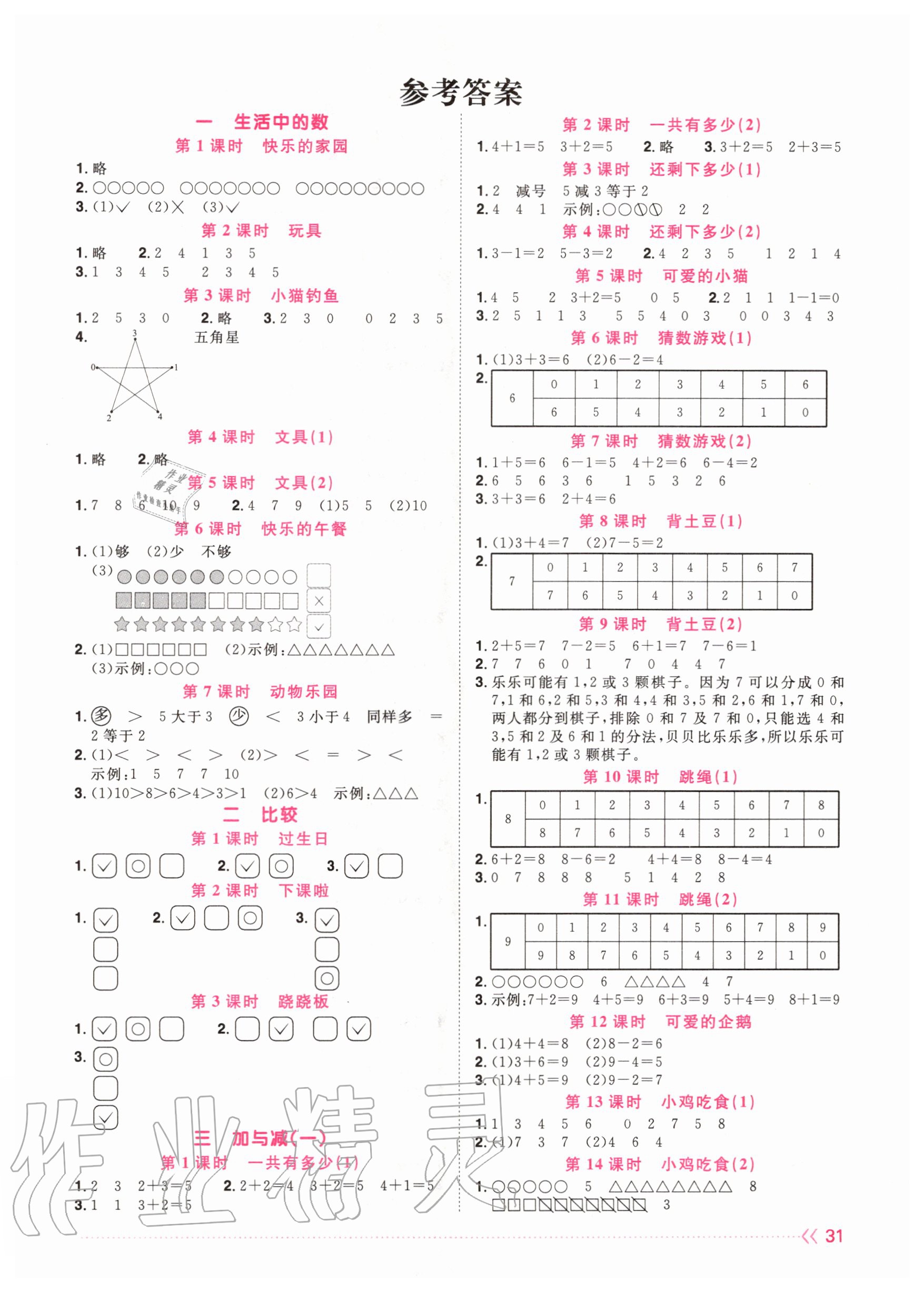 2020年陽(yáng)光同學(xué)課時(shí)優(yōu)化作業(yè)一年級(jí)數(shù)學(xué)上冊(cè)北師大版 參考答案第1頁(yè)