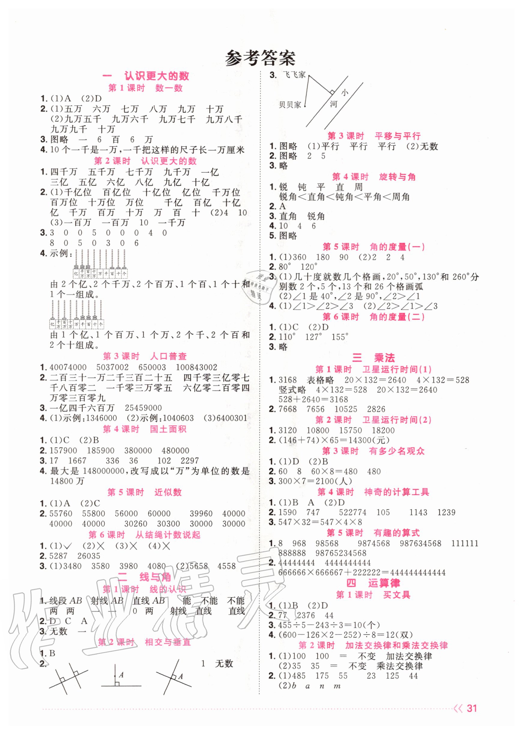 2020年阳光同学课时优化作业四年级数学上册北师大版 参考答案第1页