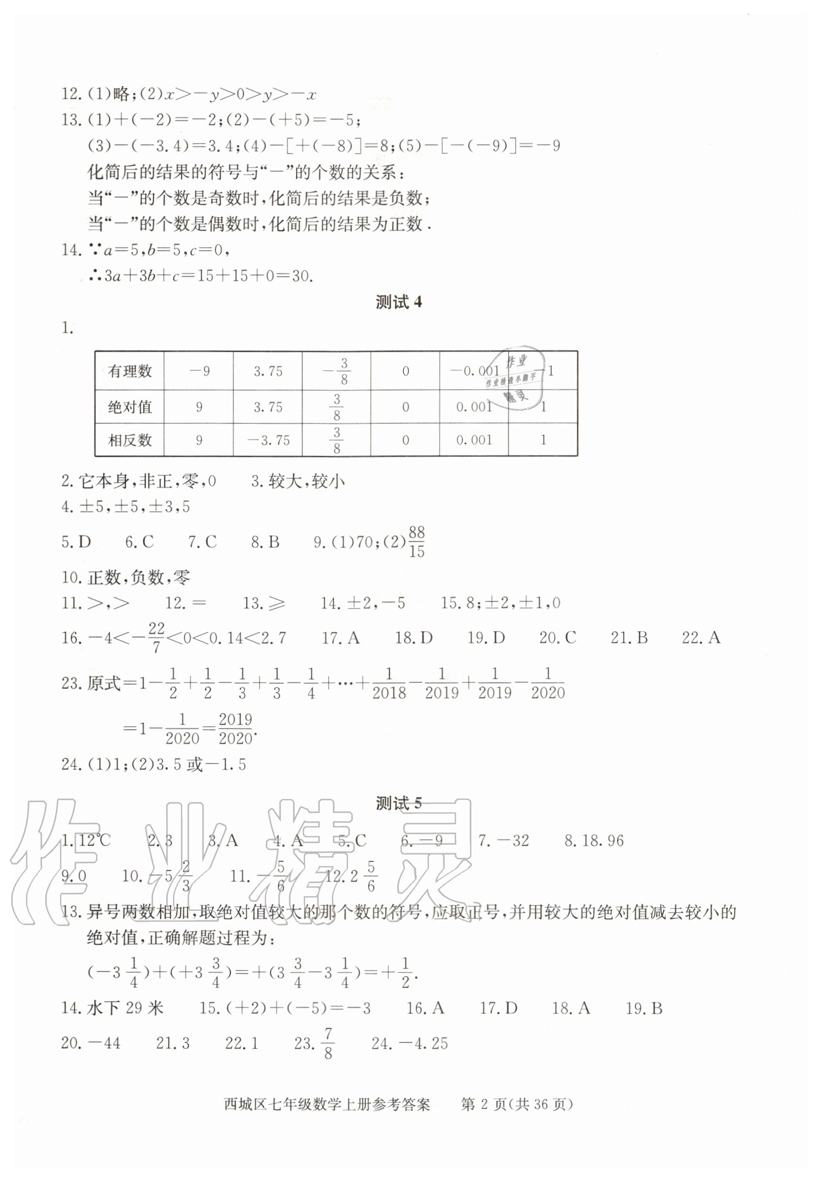 2020年学习探究诊断七年级数学上册人教版 参考答案第2页