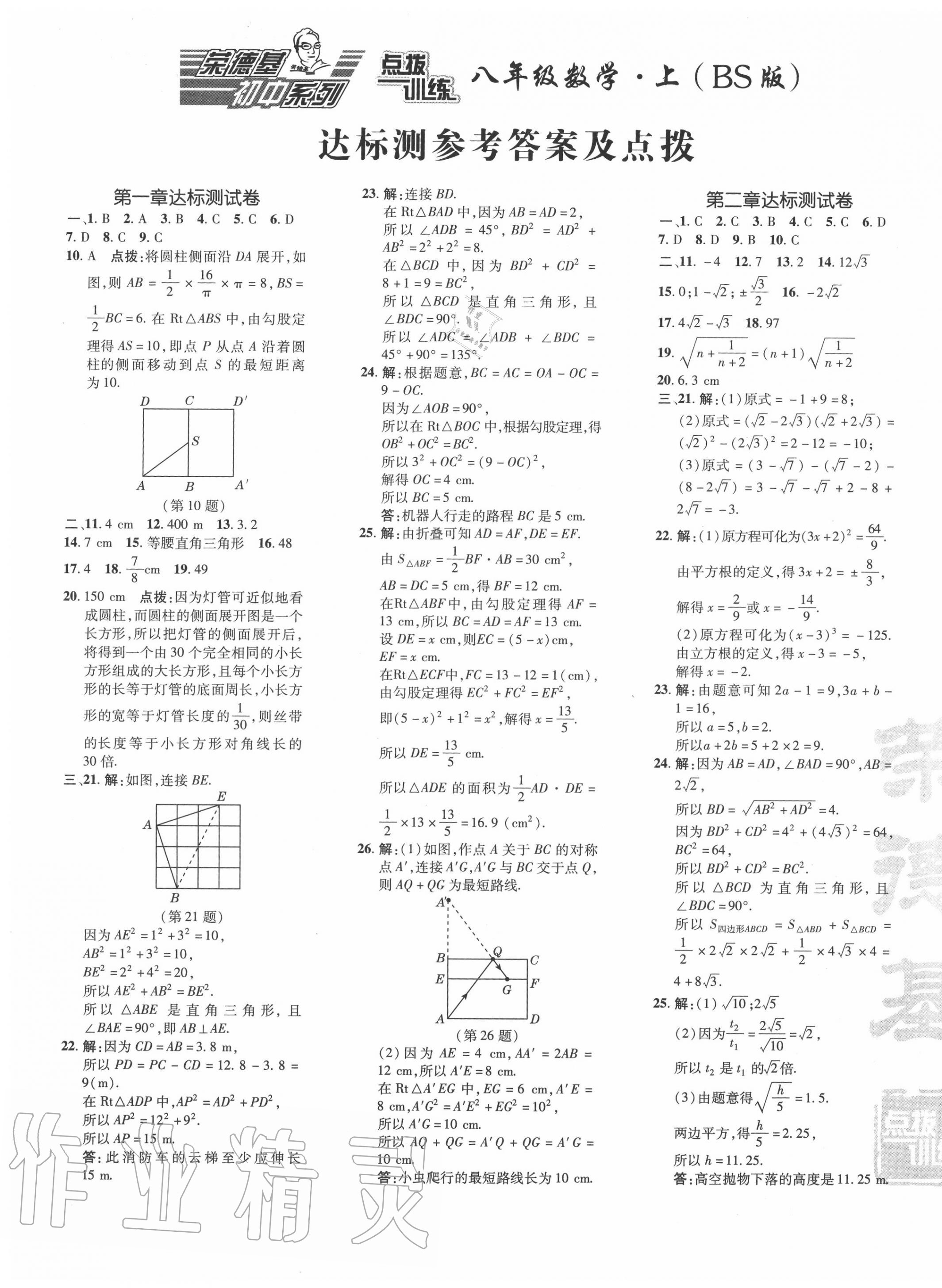 2020年点拨训练八年级数学上册北师大版 参考答案第1页