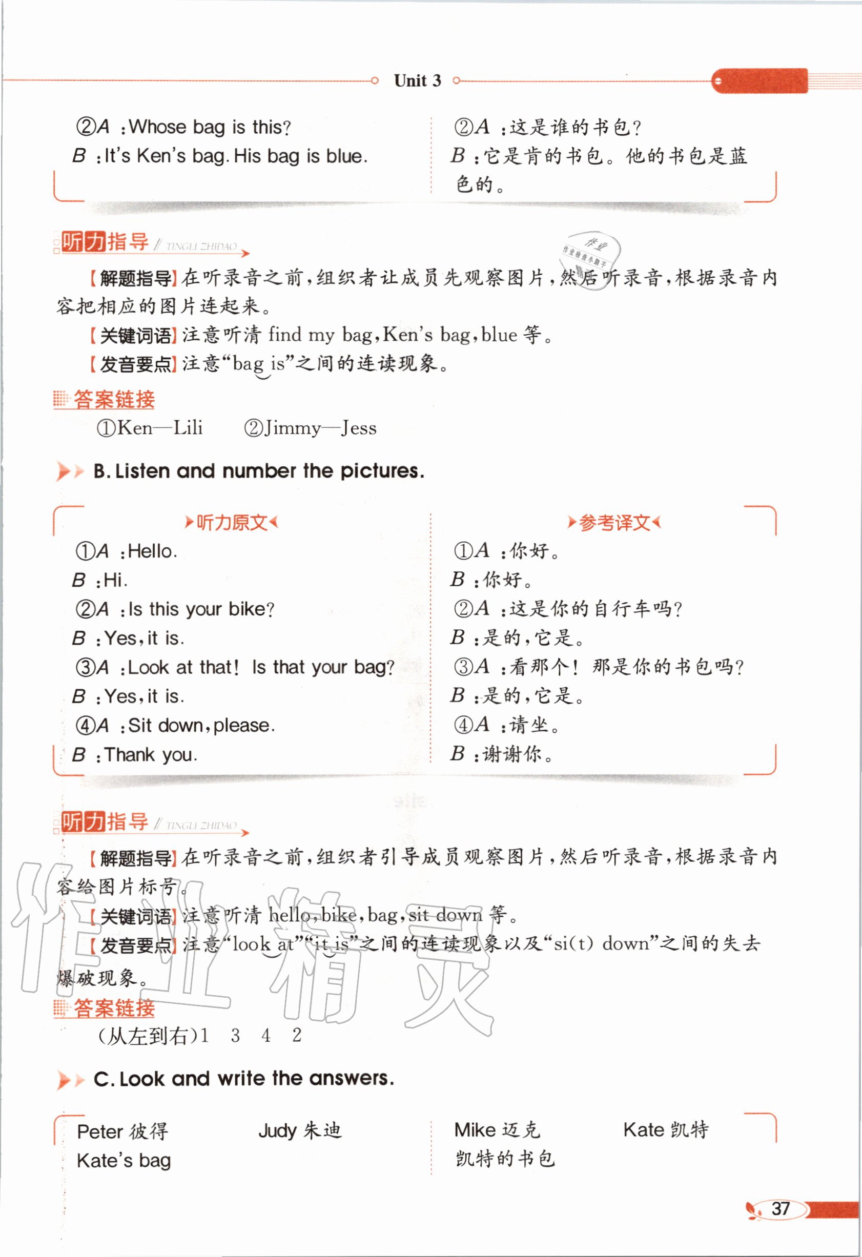 2020年教材课本四年级英语上册教科版&nbsp;参考答案第37页