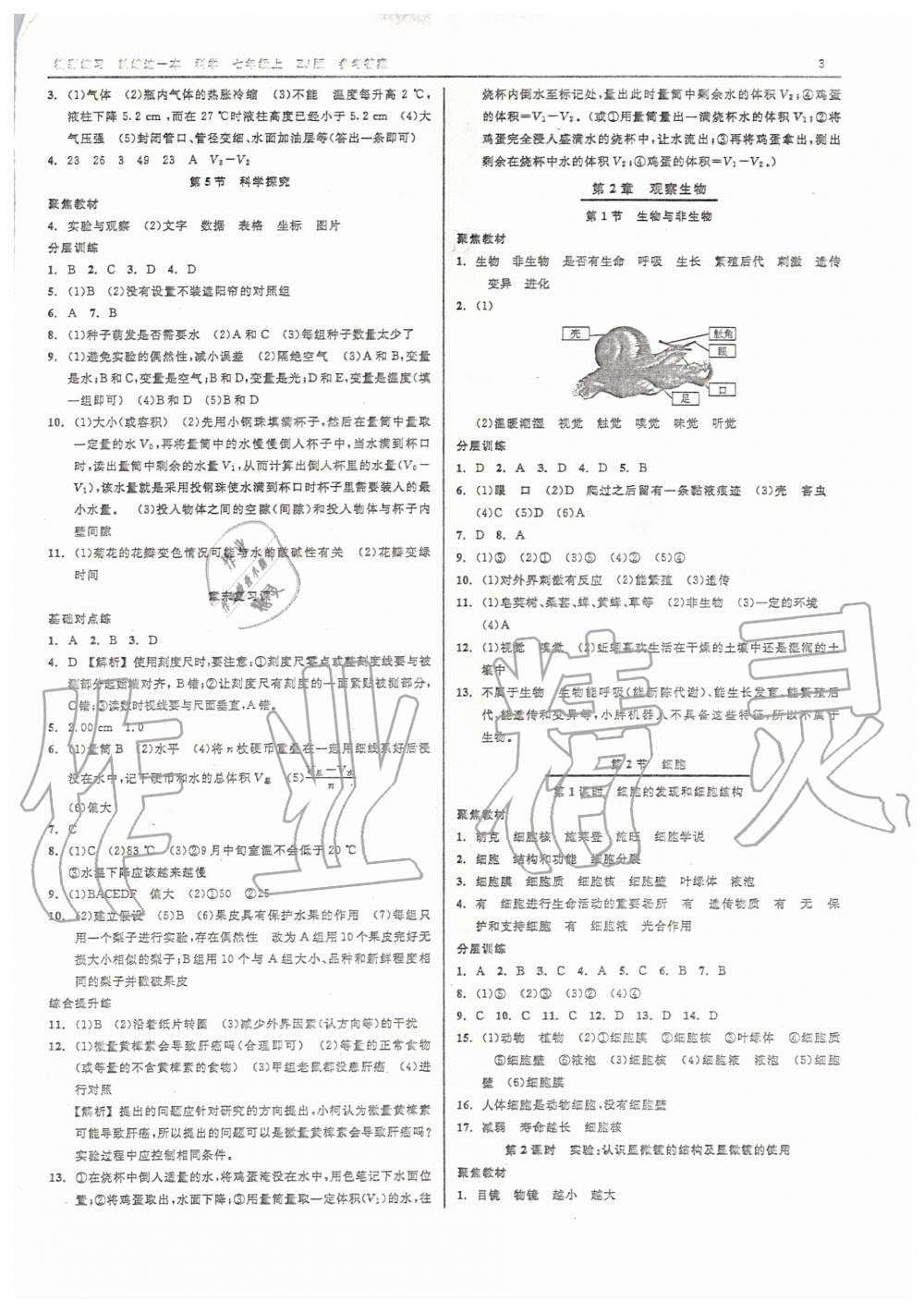 2020年精彩练习就练这一本七年级科学上册浙教版 参考答案第3页