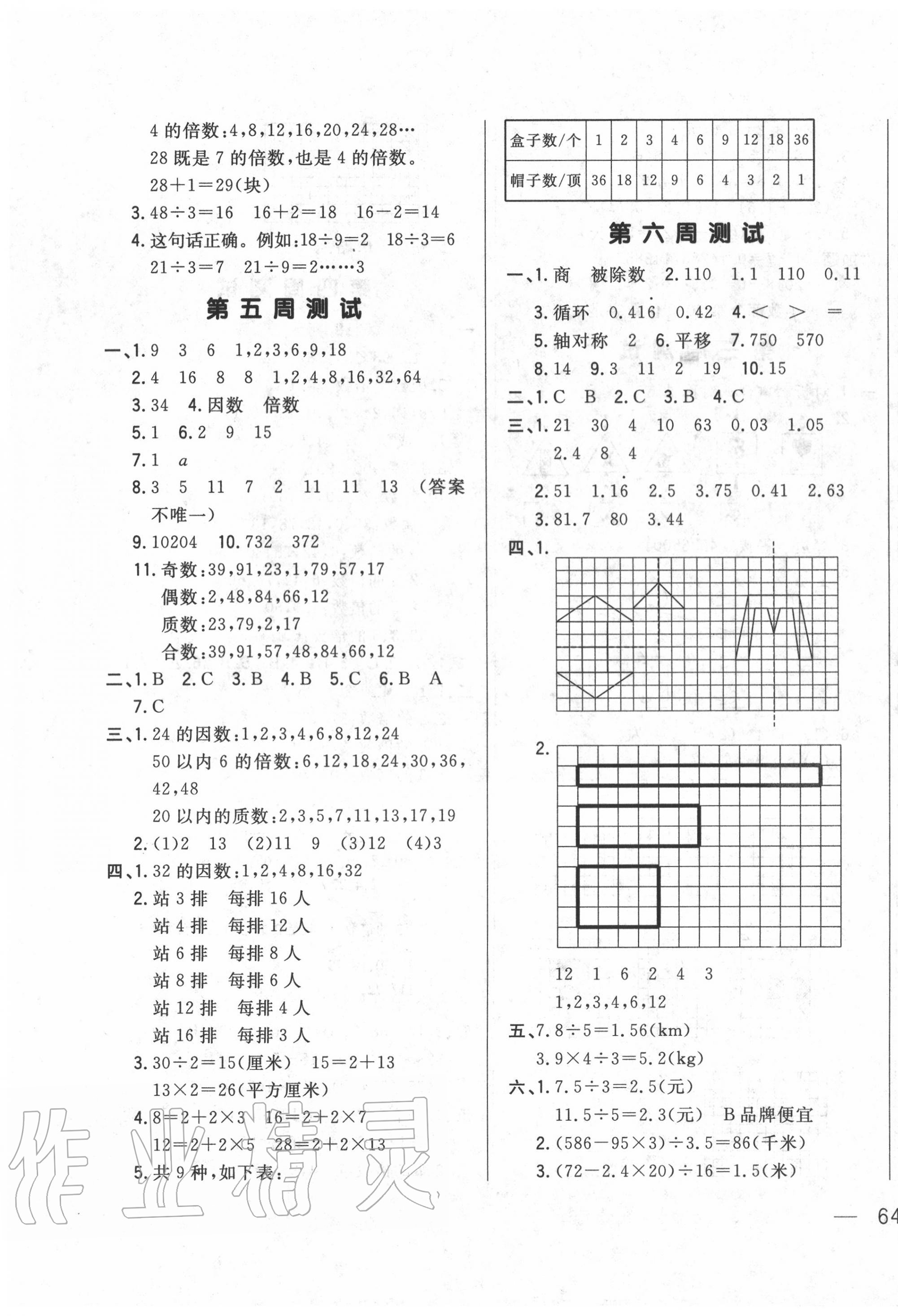 2020年悅然好學生周周測五年級數學上冊北師大版 參考答案第3頁