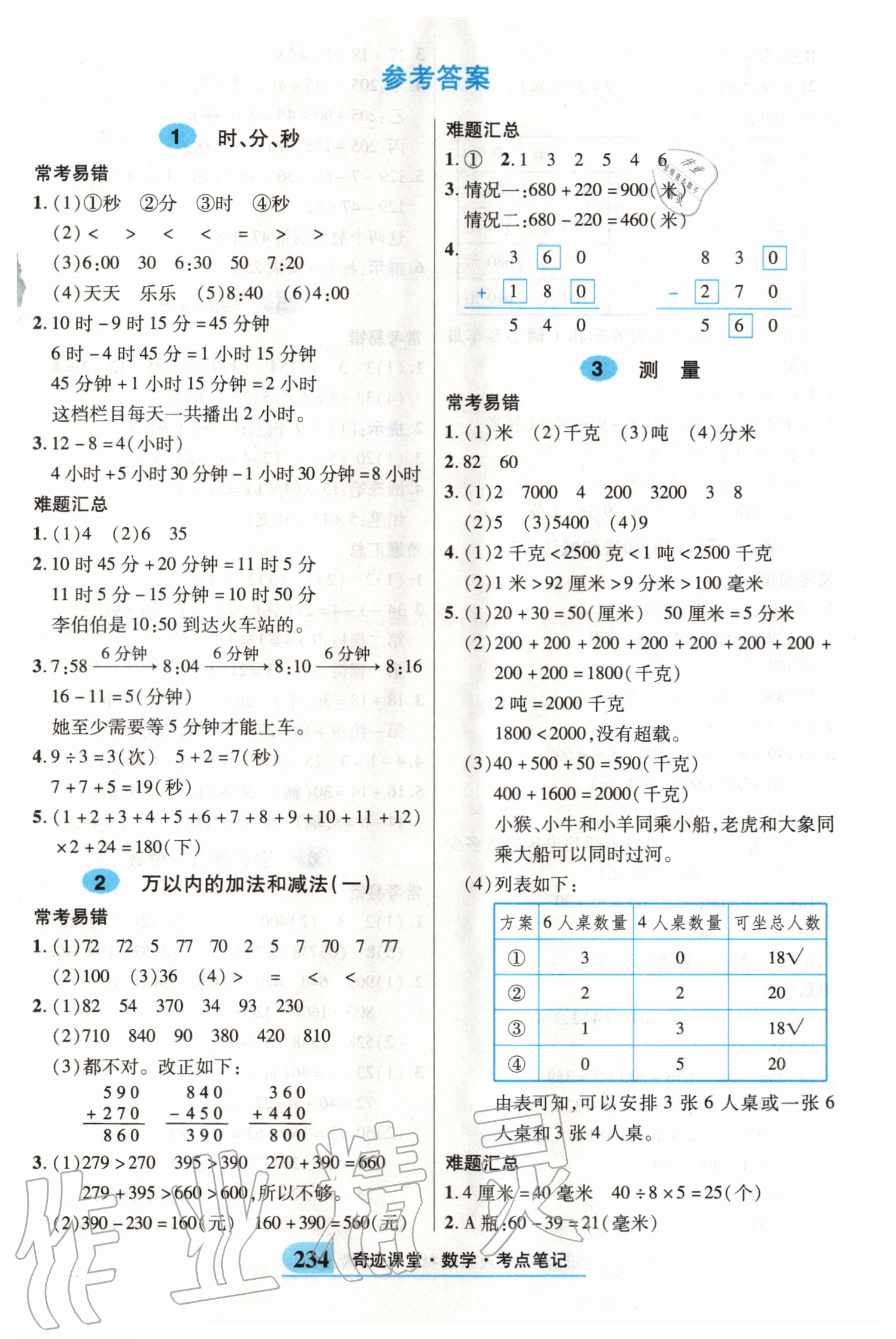 2020年奇跡課堂三年級數學上冊人教版 參考答案第1頁