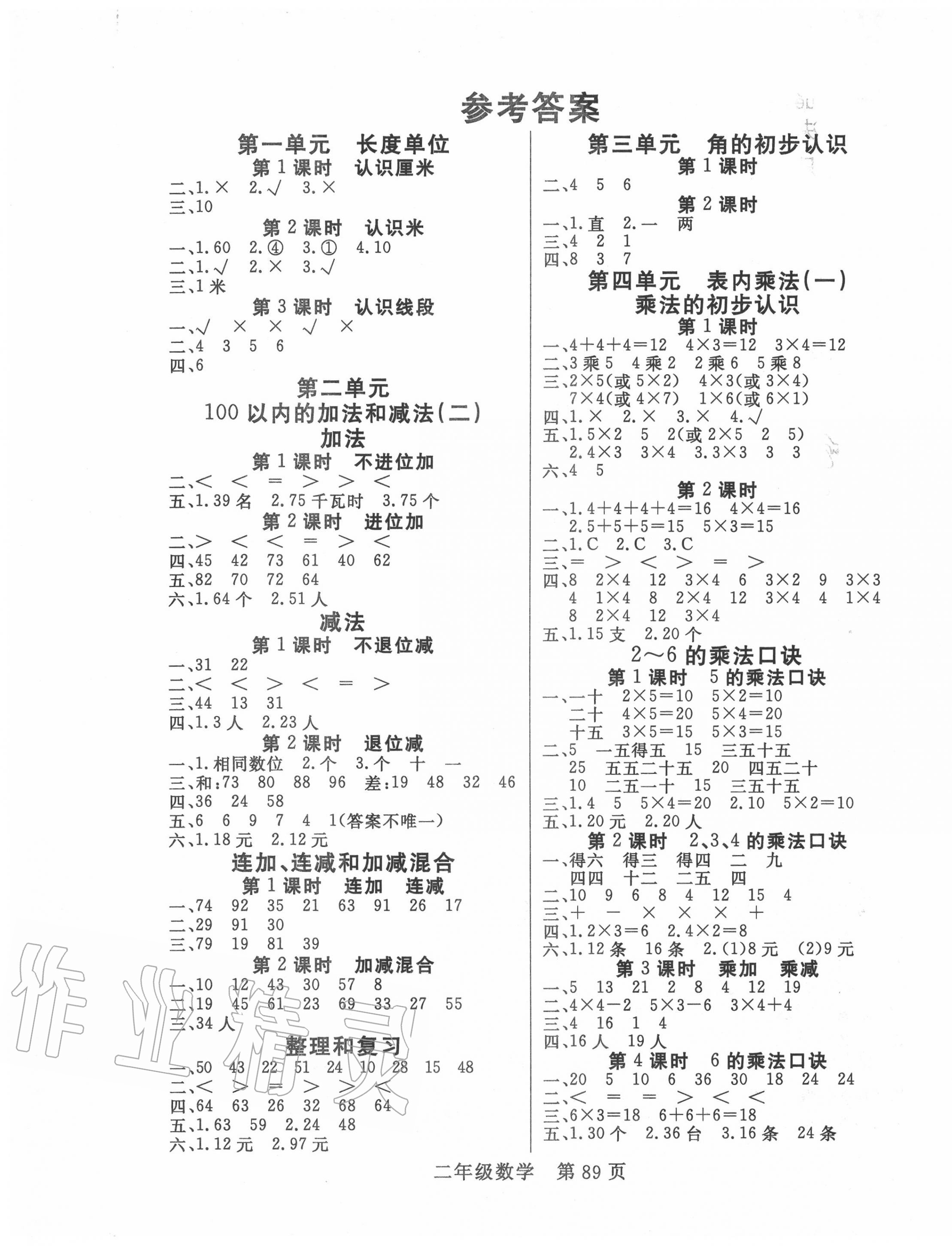 2020年淘金先锋课堂二年级数学上册人教版 参考答案第1页