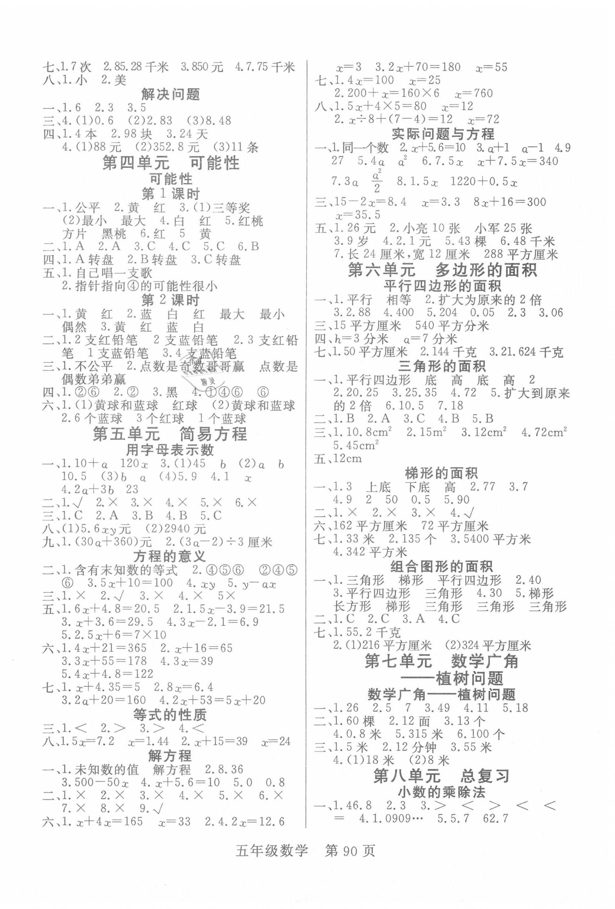 2020年淘金先锋课堂五年级数学上册人教版 参考答案第2页