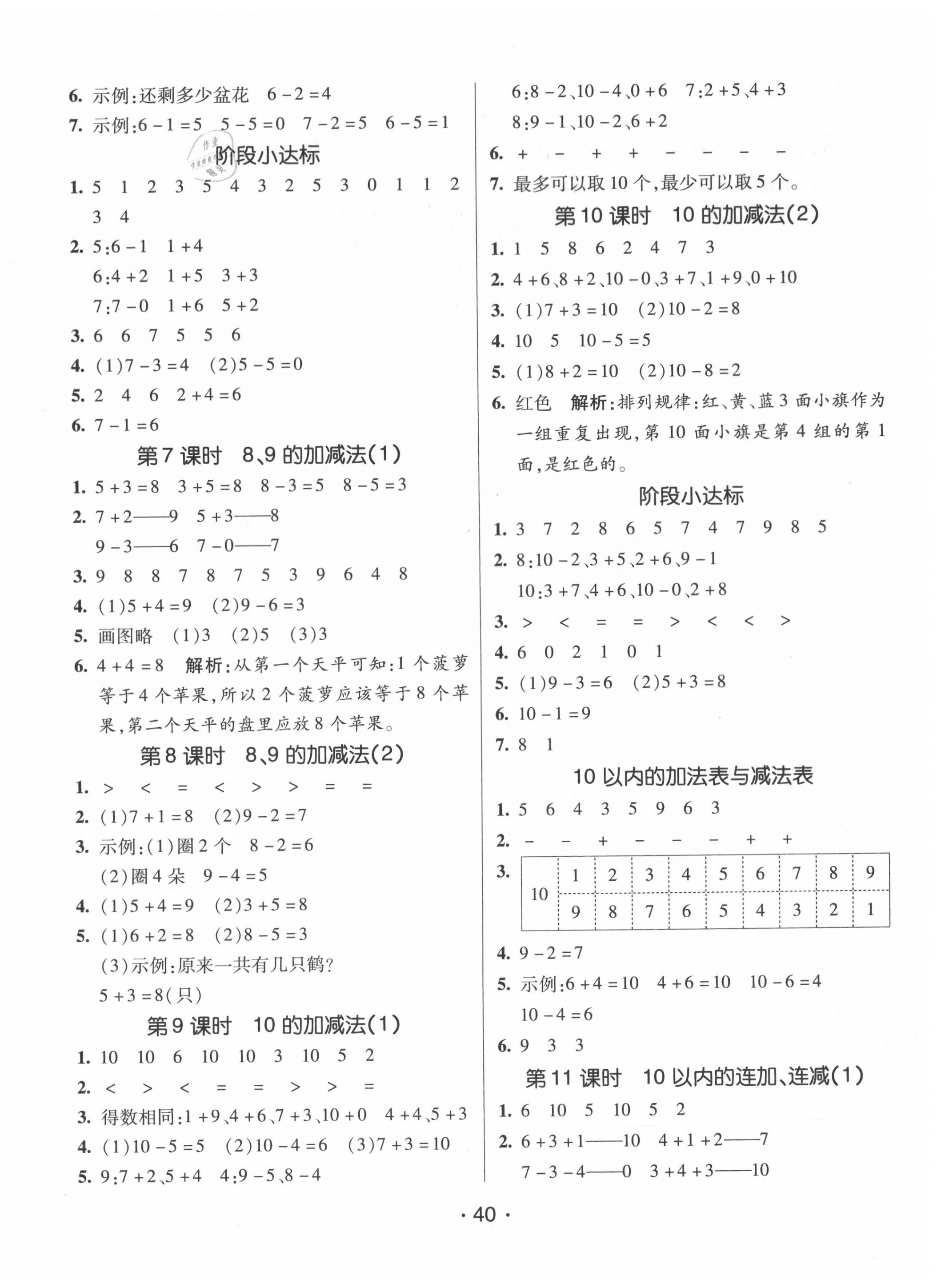 2020年同行課課100分過關(guān)作業(yè)一年級數(shù)學(xué)上冊青島版 參考答案第4頁