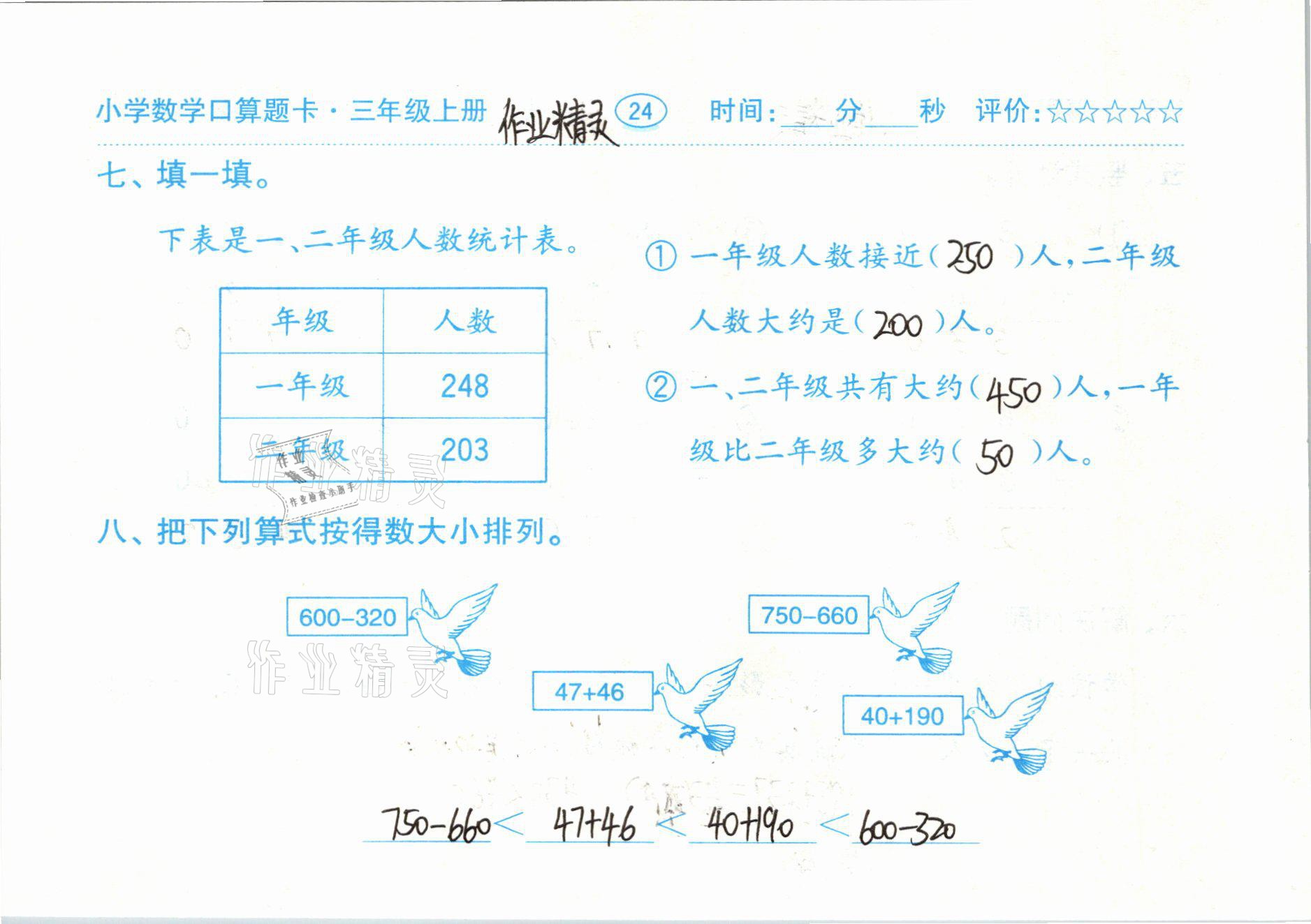 2020年小学数学口算题卡三年级上册人教版齐鲁书社 参考答案第24页