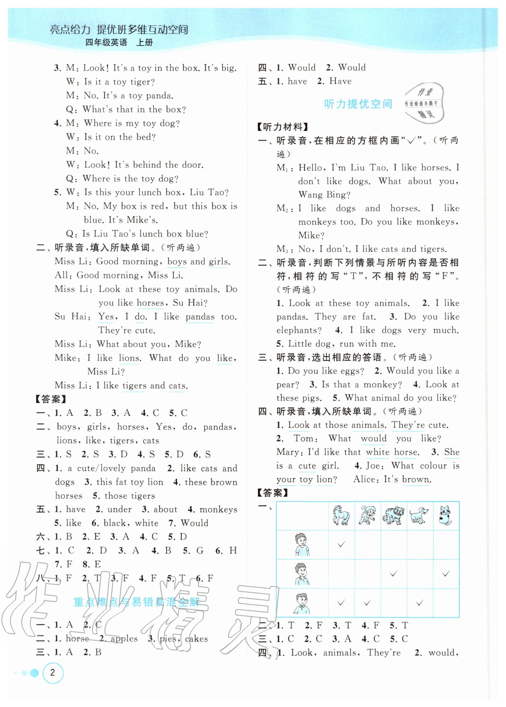 2020年亮點(diǎn)給力提優(yōu)班多維互動空間四年級英語上冊譯林版 參考答案第2頁