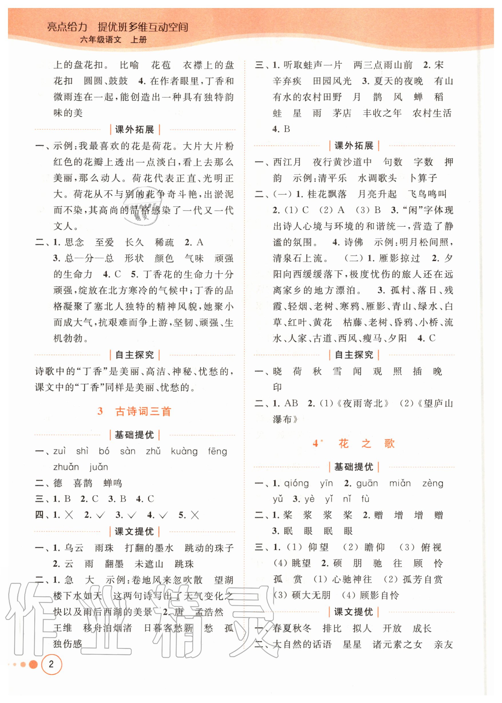 2020年亮點(diǎn)給力提優(yōu)班多維互動(dòng)空間六年級(jí)語(yǔ)文上冊(cè)人教版 參考答案第2頁(yè)