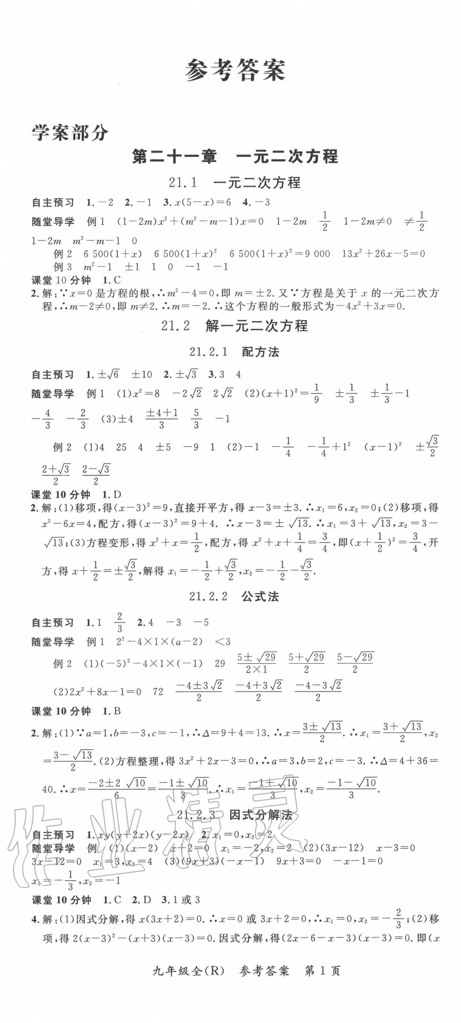 2020年名师点睛学练考九年级数学全一册人教版 第1页