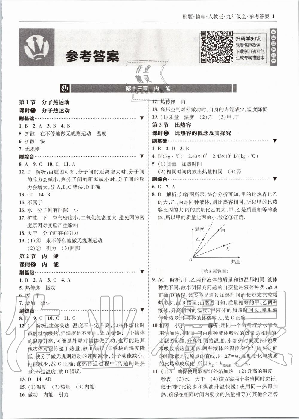 2020年北大绿卡刷题九年级物理全一册人教版 参考答案第1页