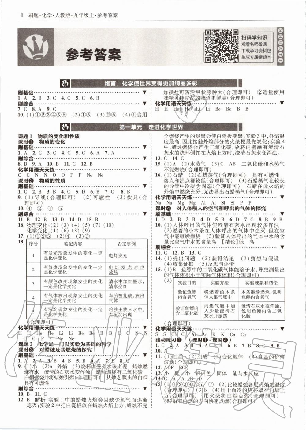 2020年北大绿卡刷题九年级化学上册人教版 参考答案第1页