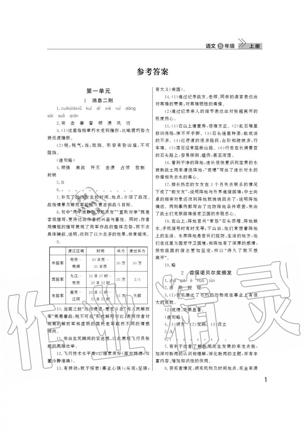 2020年智慧學習天天向上課堂作業(yè)八年級語文上冊人教版 參考答案第1頁