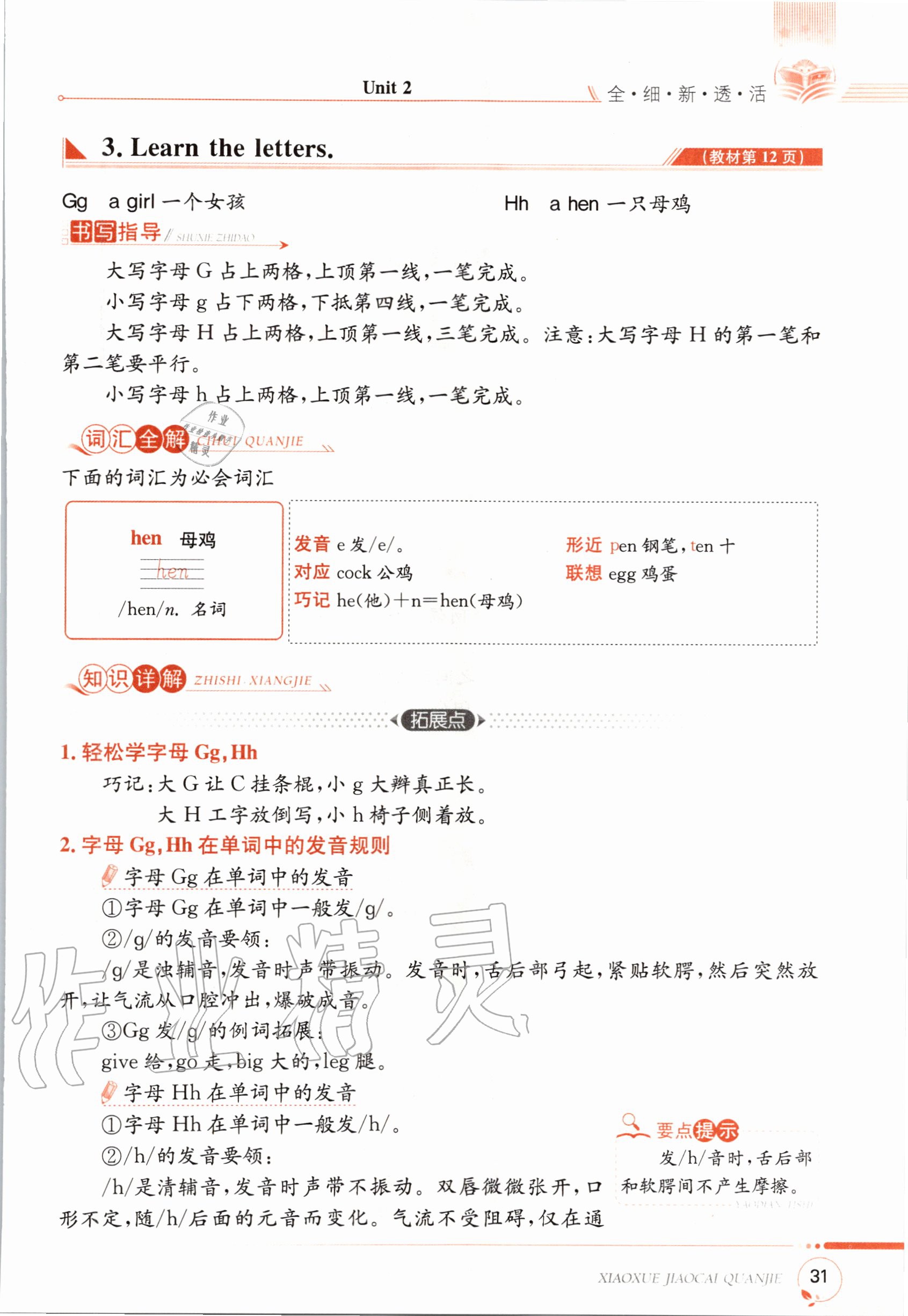 2020年教材课本三年级英语上册福建教育版&nbsp;参考答案第31页
