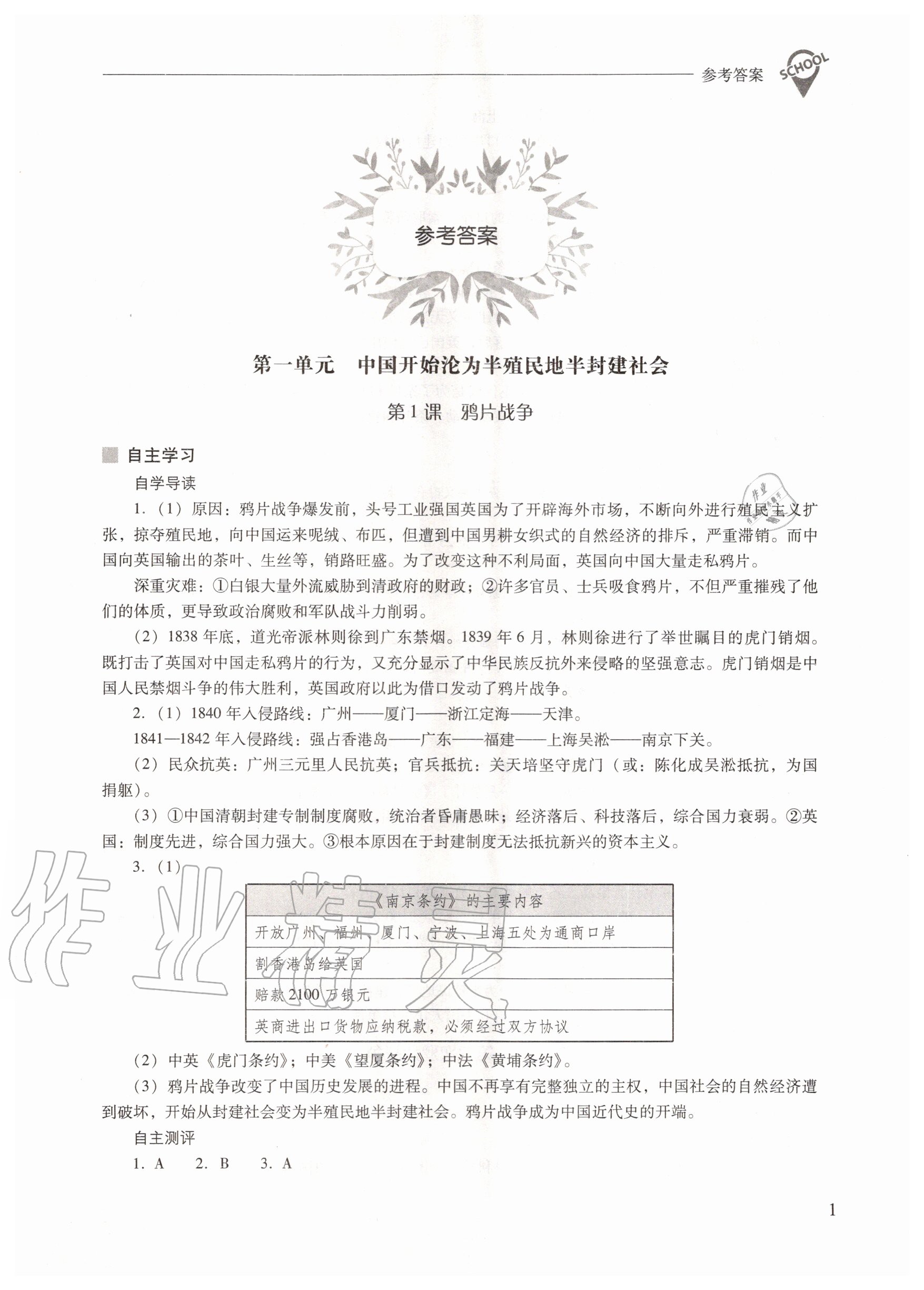 2020年新課程問題解決導(dǎo)學(xué)方案八年級(jí)中國歷史上冊(cè)人教版 參考答案第1頁