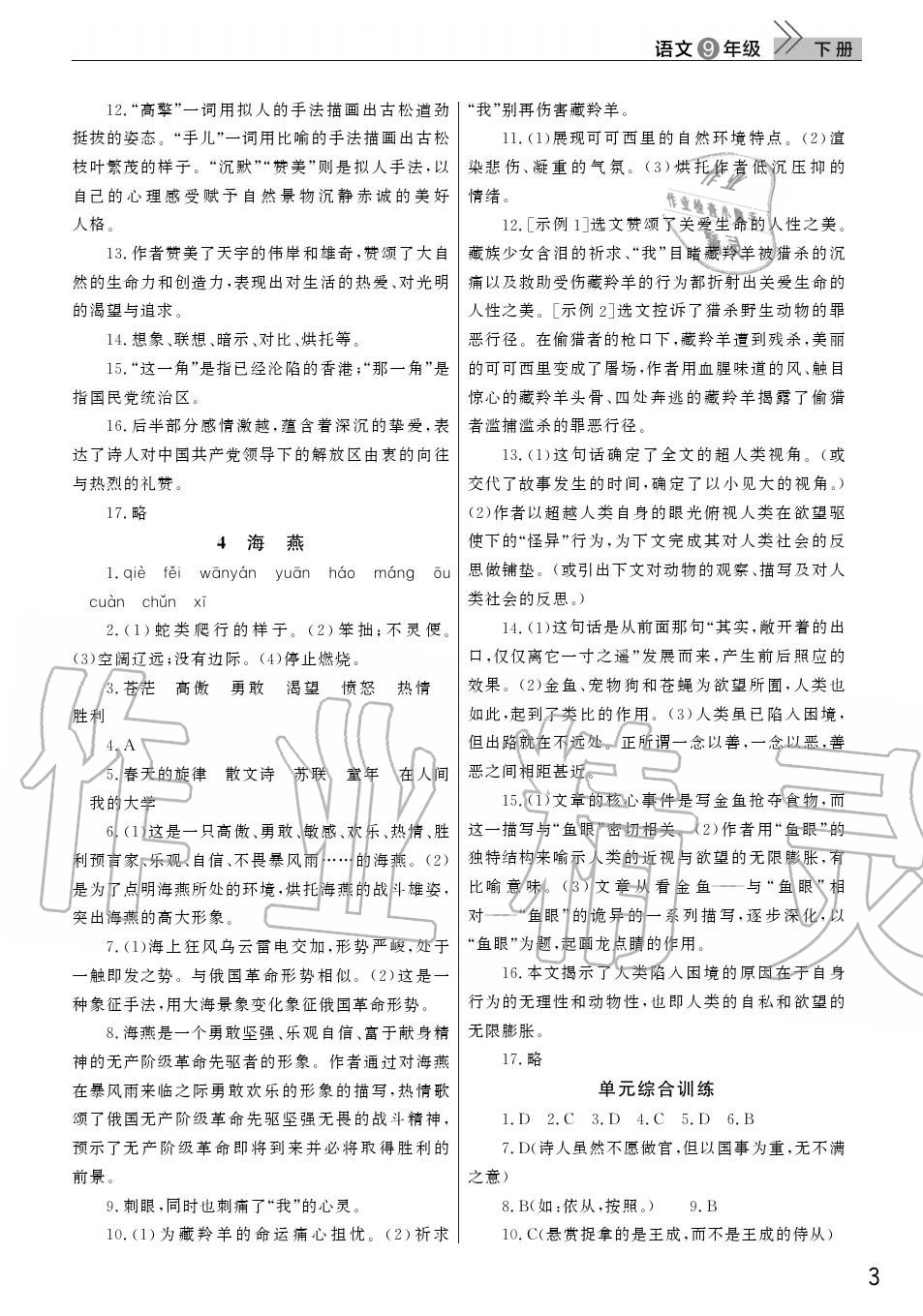 2020年智慧學習天天向上課堂作業(yè)九年級語文下冊人教版 參考答案第3頁