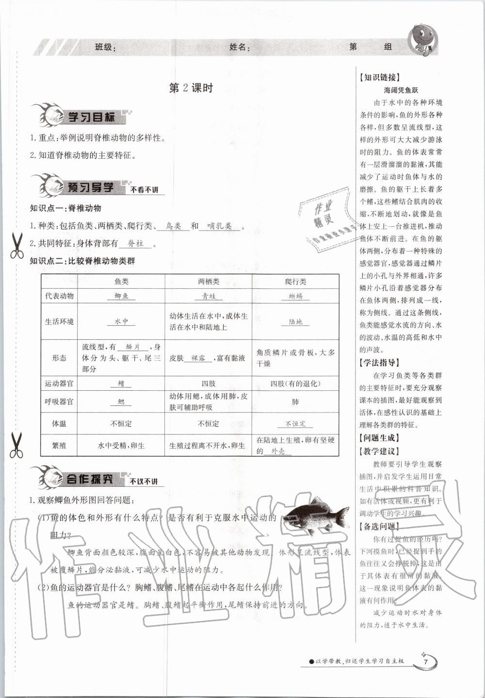 2020年金太陽導學案八年級生物上冊蘇教版 參考答案第7頁