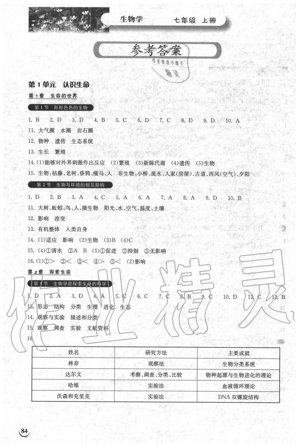 2020年長江作業(yè)本同步練習冊七年級生物學上冊北師大版 參考答案第1頁