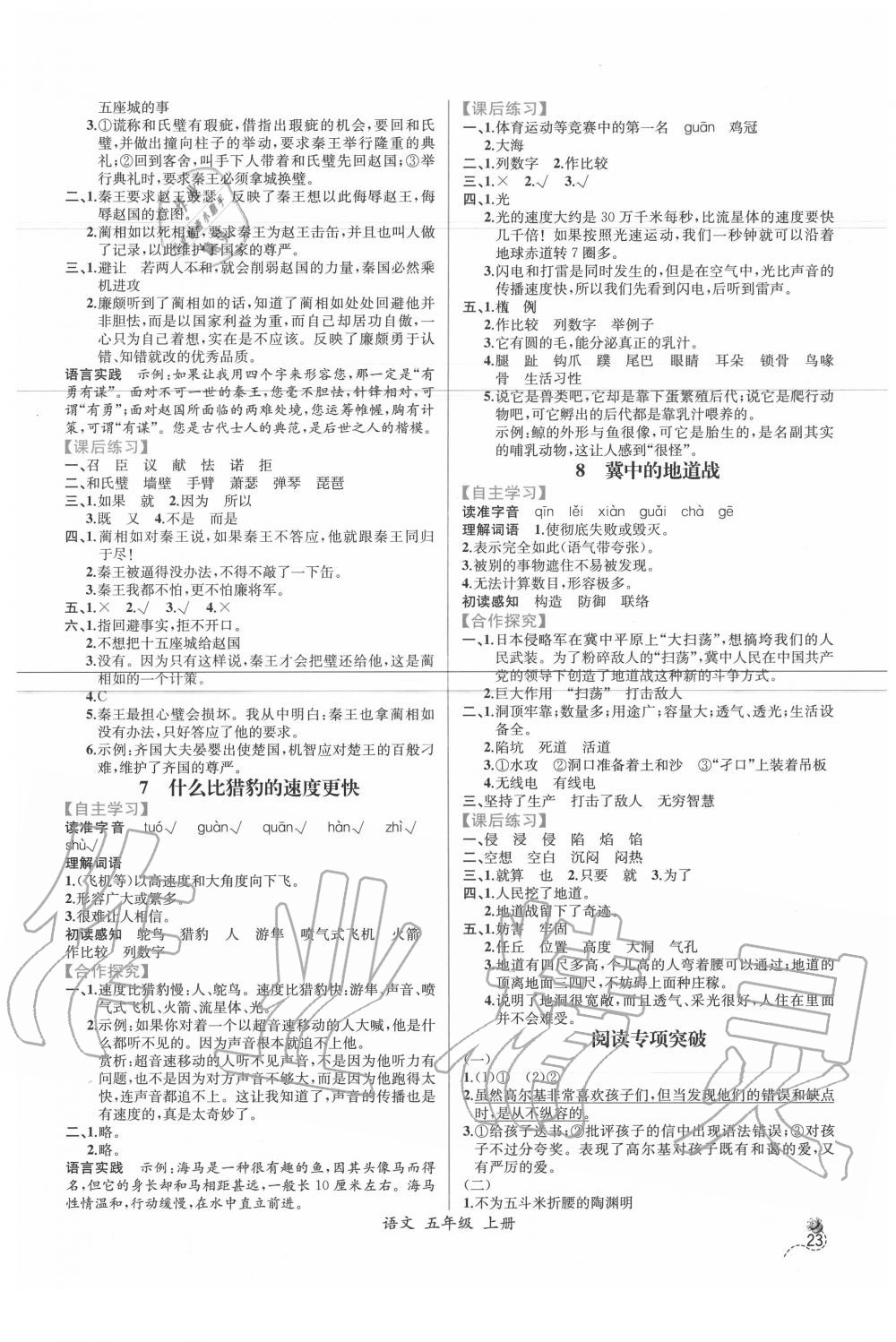 2020年同步导学案课时练五年级语文上册人教版 参考答案第3页