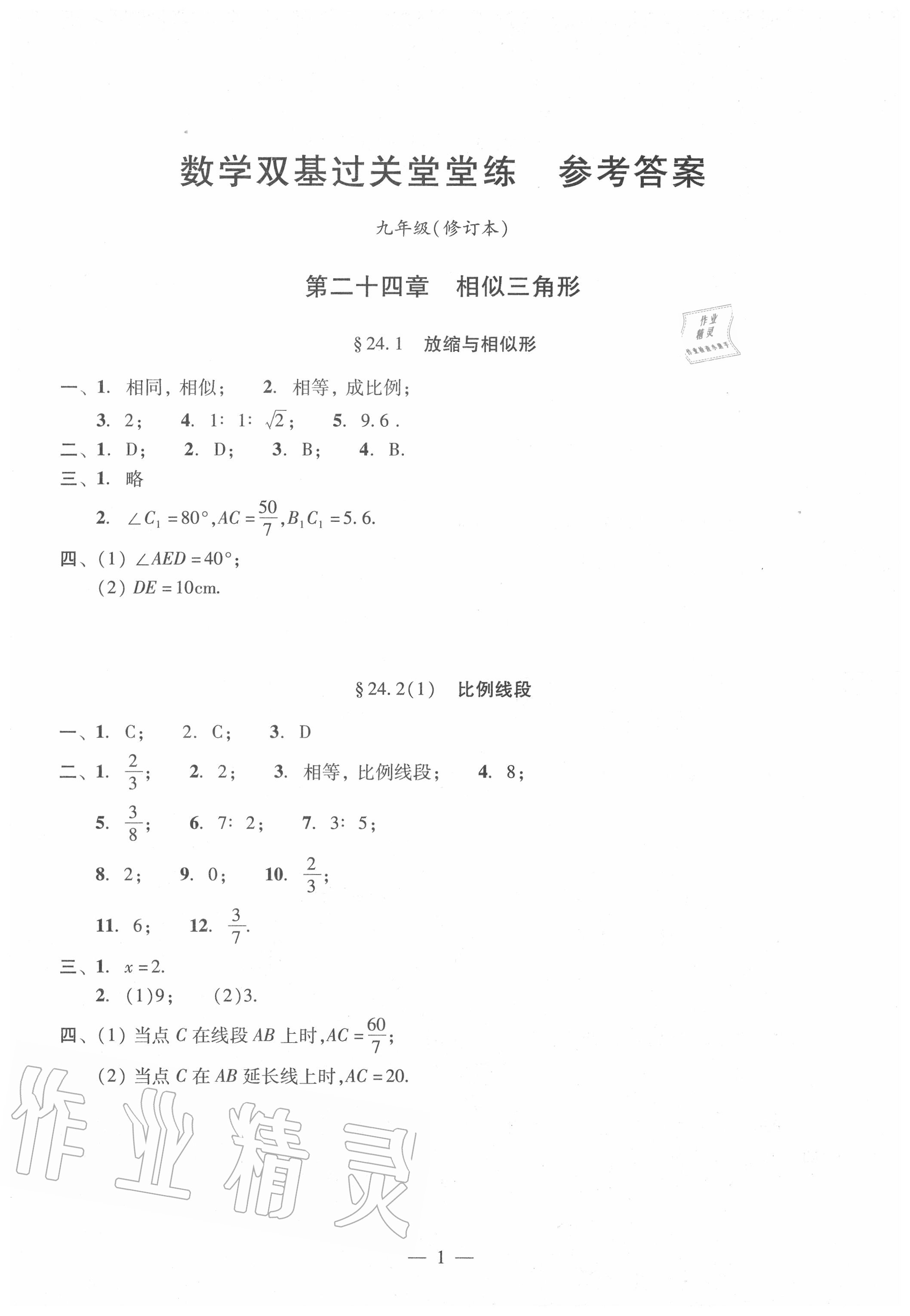 2020年双基过关堂堂练九年级数学全一册沪教版 参考答案第1页