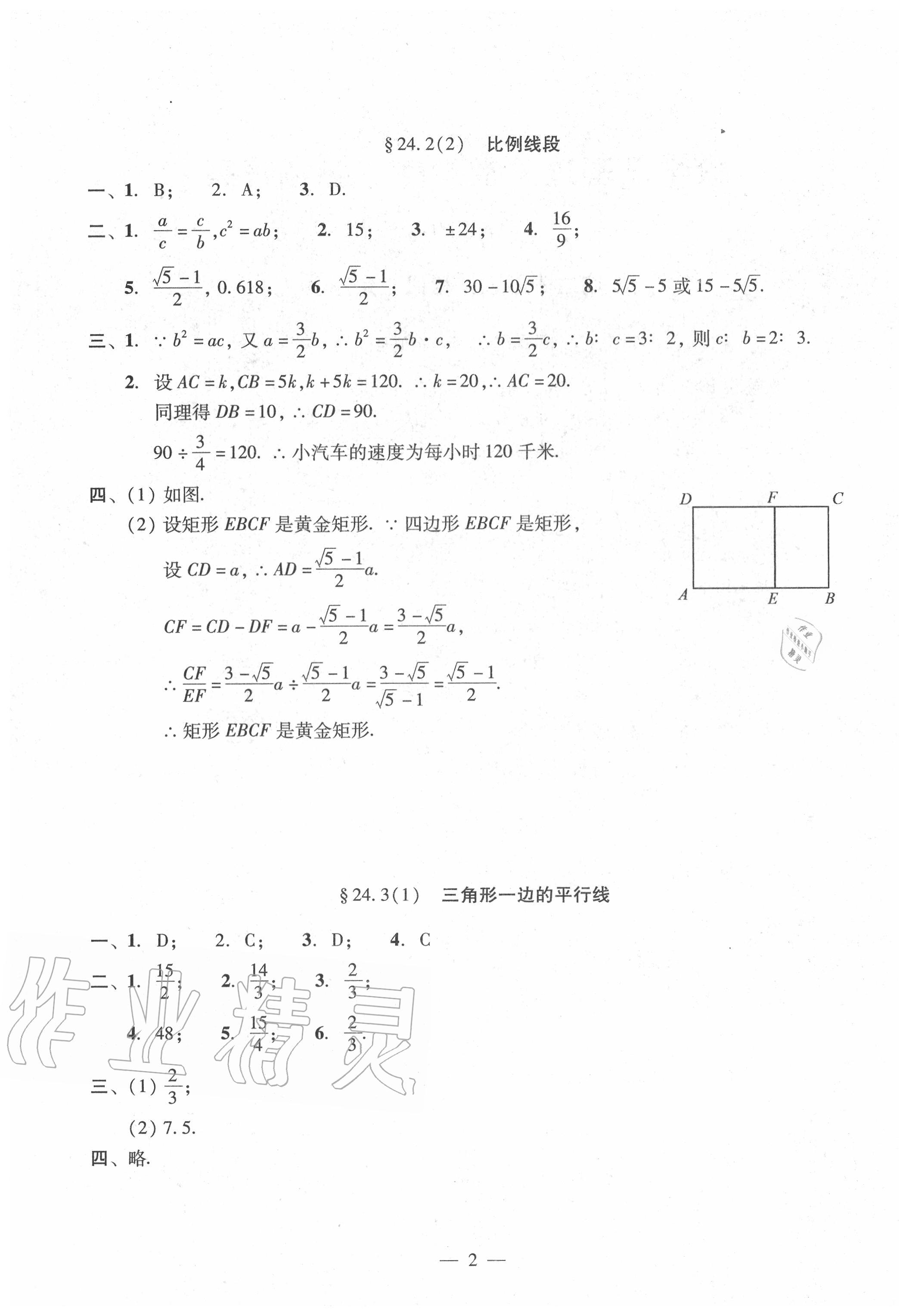 2020年双基过关堂堂练九年级数学全一册沪教版 参考答案第2页