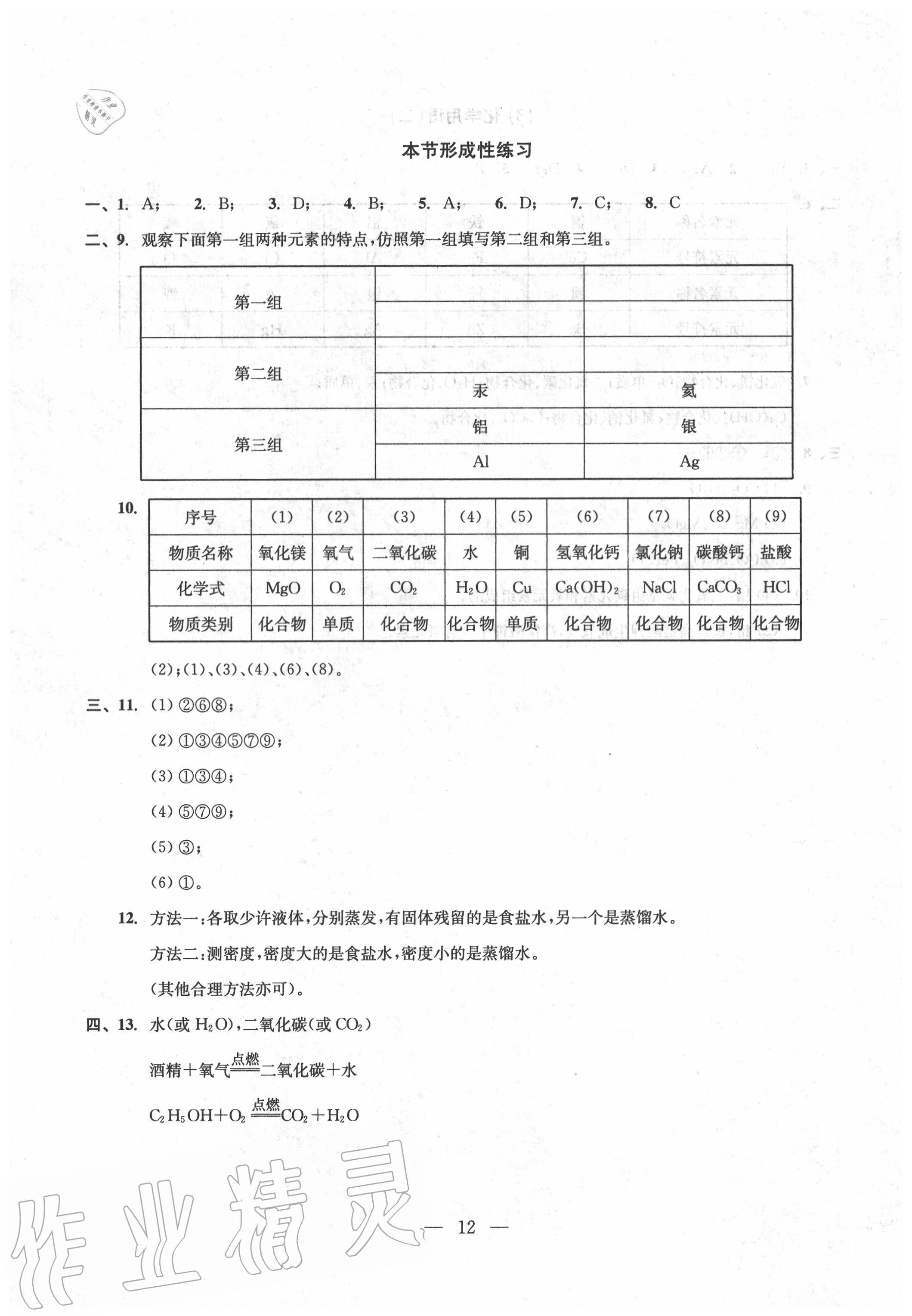 2020年雙基過關(guān)堂堂練九年級化學(xué)全一冊滬教版 參考答案第12頁