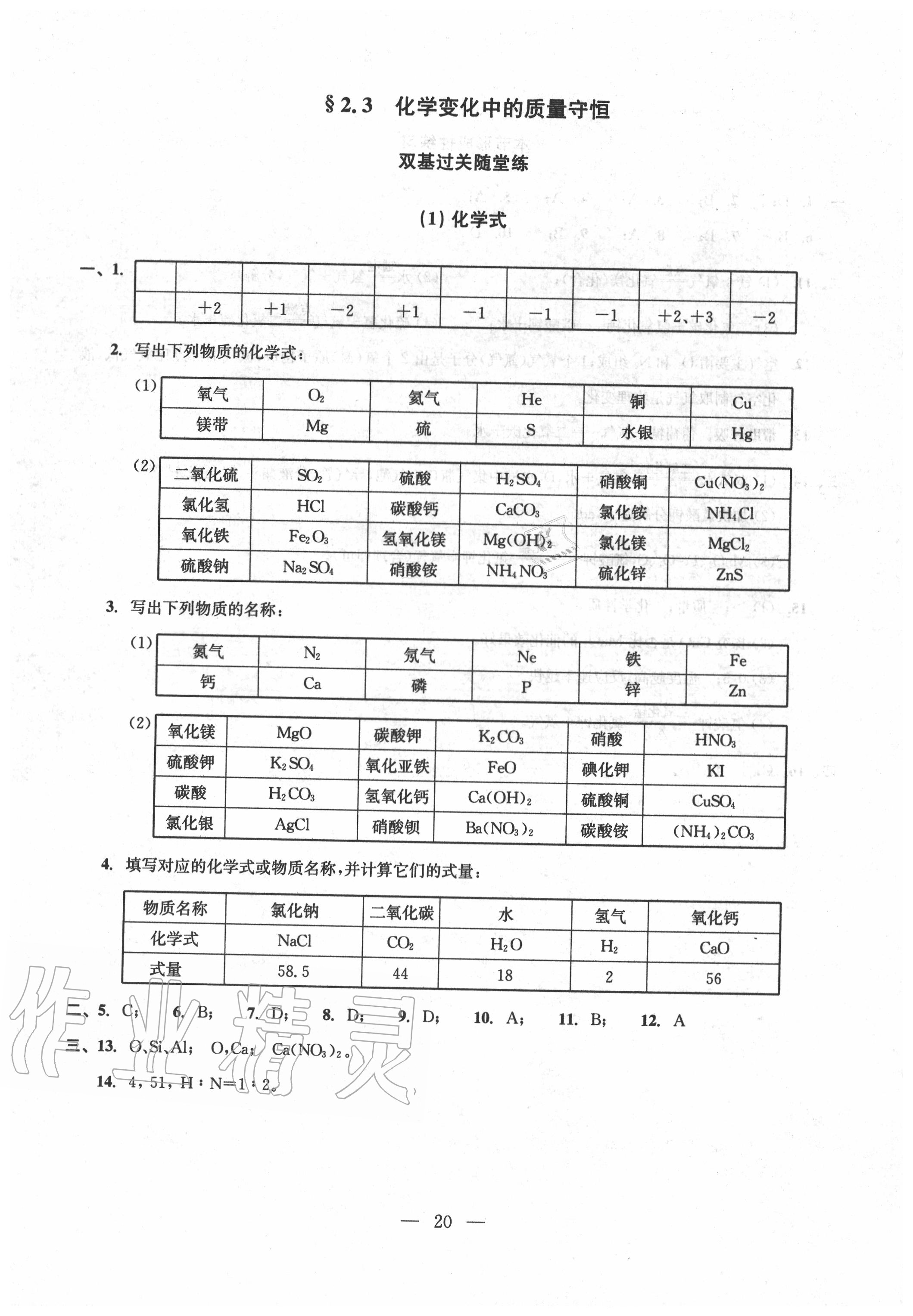 2020年雙基過關(guān)堂堂練九年級化學(xué)全一冊滬教版 參考答案第20頁