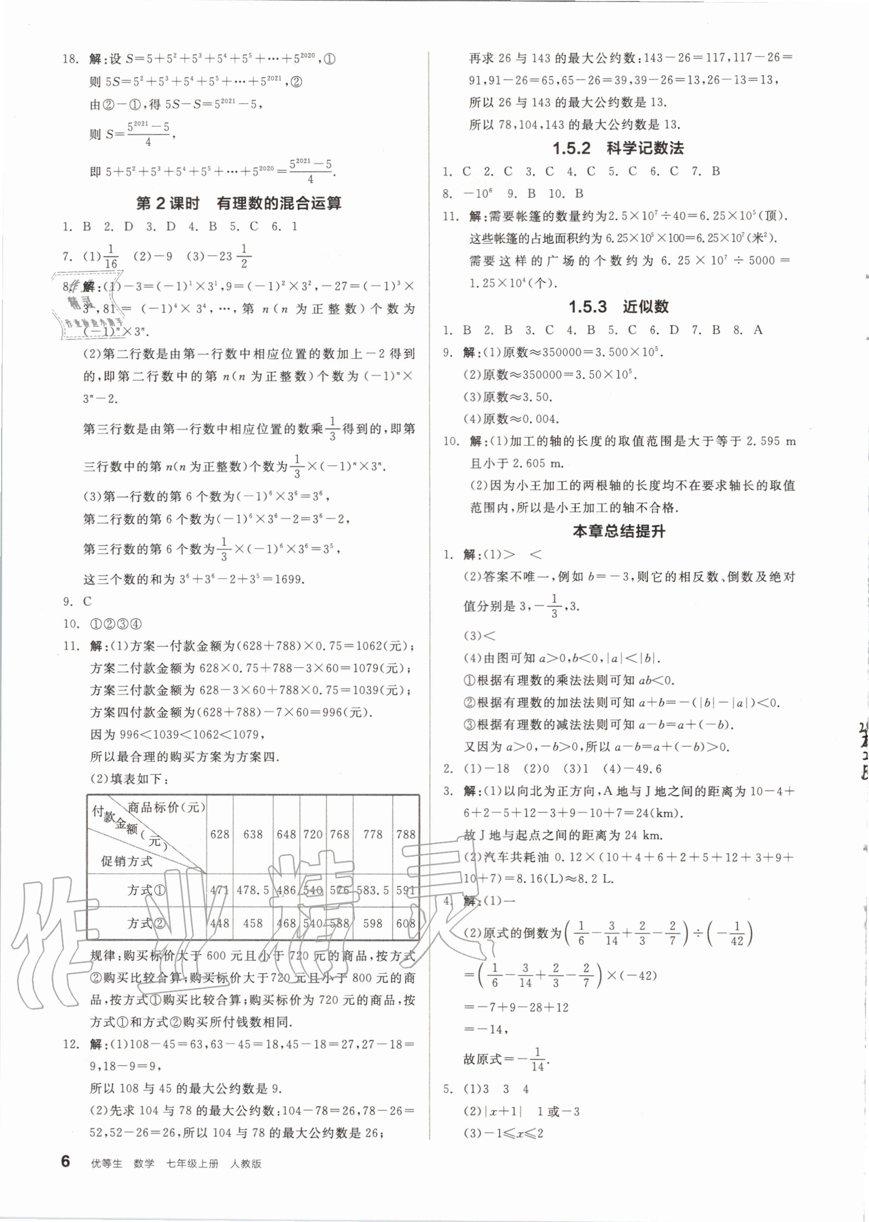 2020年練就優(yōu)等生七年級數(shù)學(xué)上冊人教版 參考答案第6頁