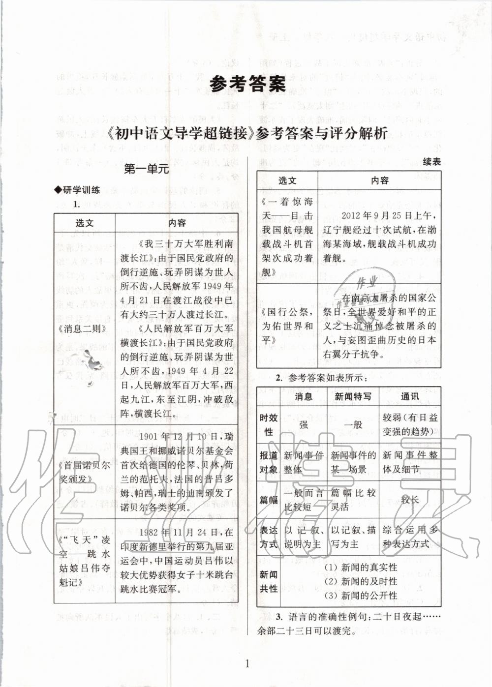 2020年初中語文導(dǎo)學(xué)超鏈接八年級上冊人教版 參考答案第1頁