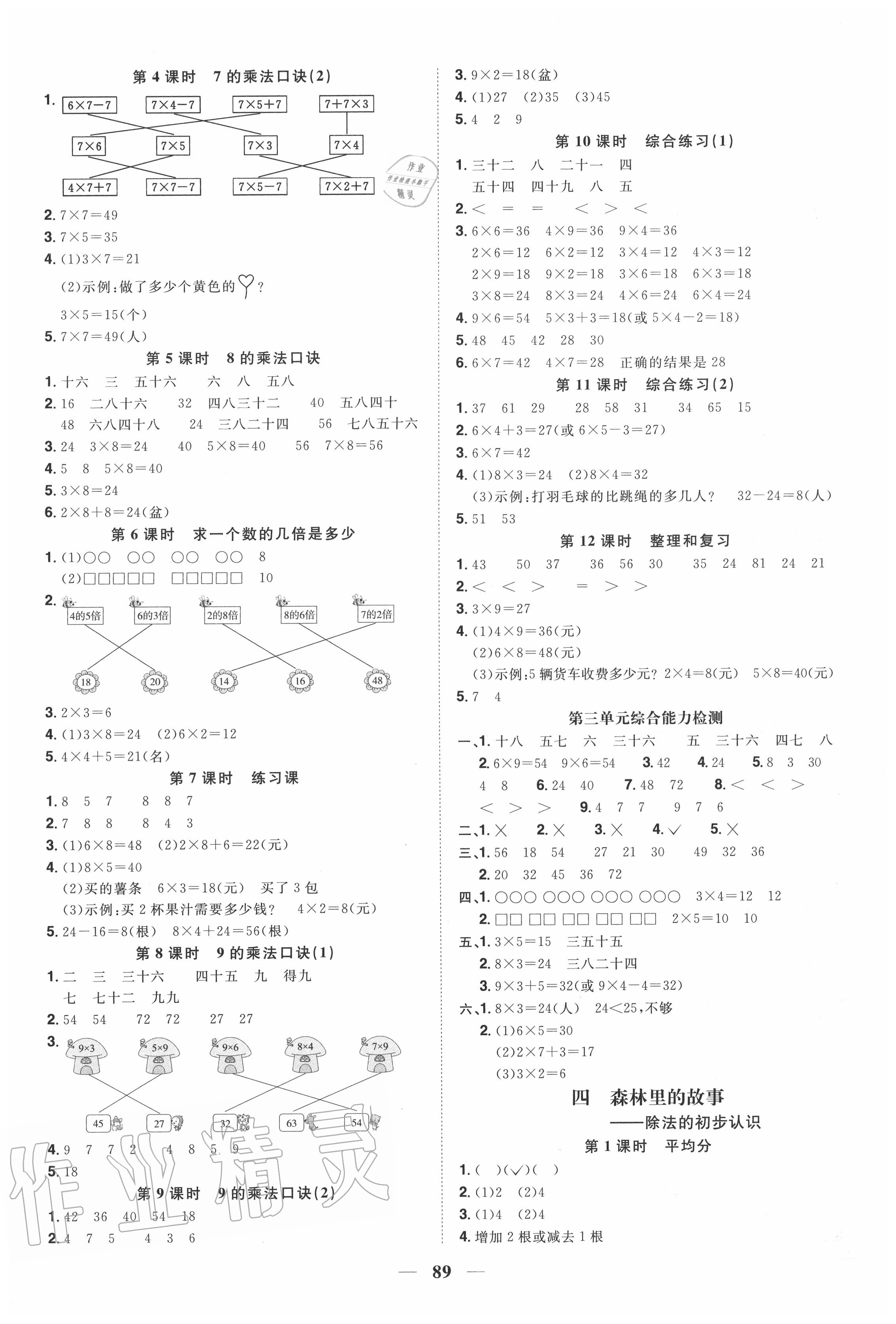 2020年阳光同学课时优化作业二年级数学上册青岛版五四制 参考答案第3页