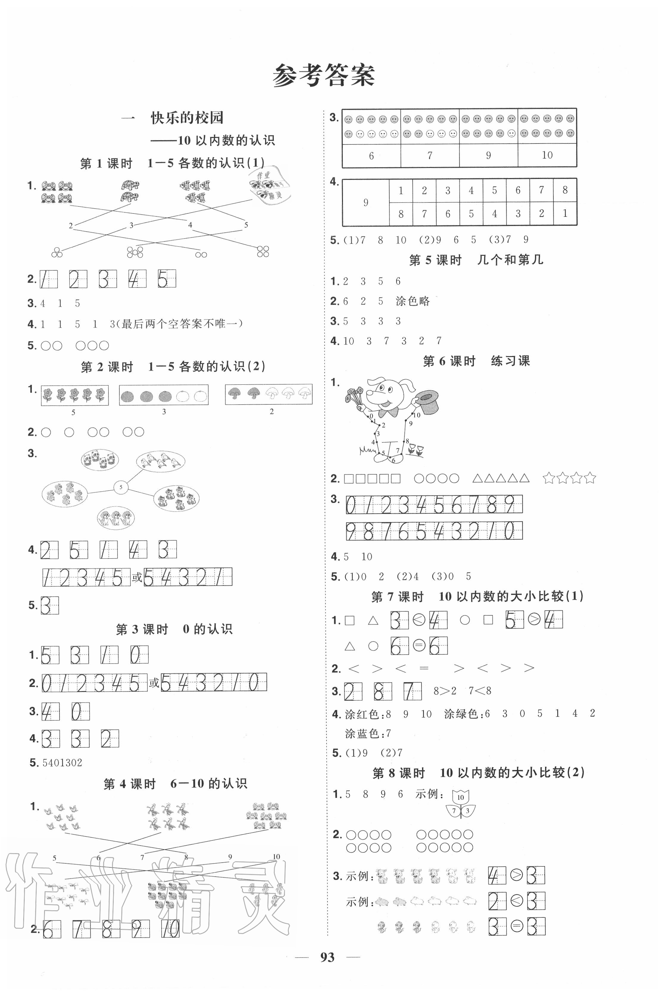 2020年陽(yáng)光同學(xué)課時(shí)優(yōu)化作業(yè)一年級(jí)數(shù)學(xué)上冊(cè)青島版五四制 參考答案第1頁(yè)