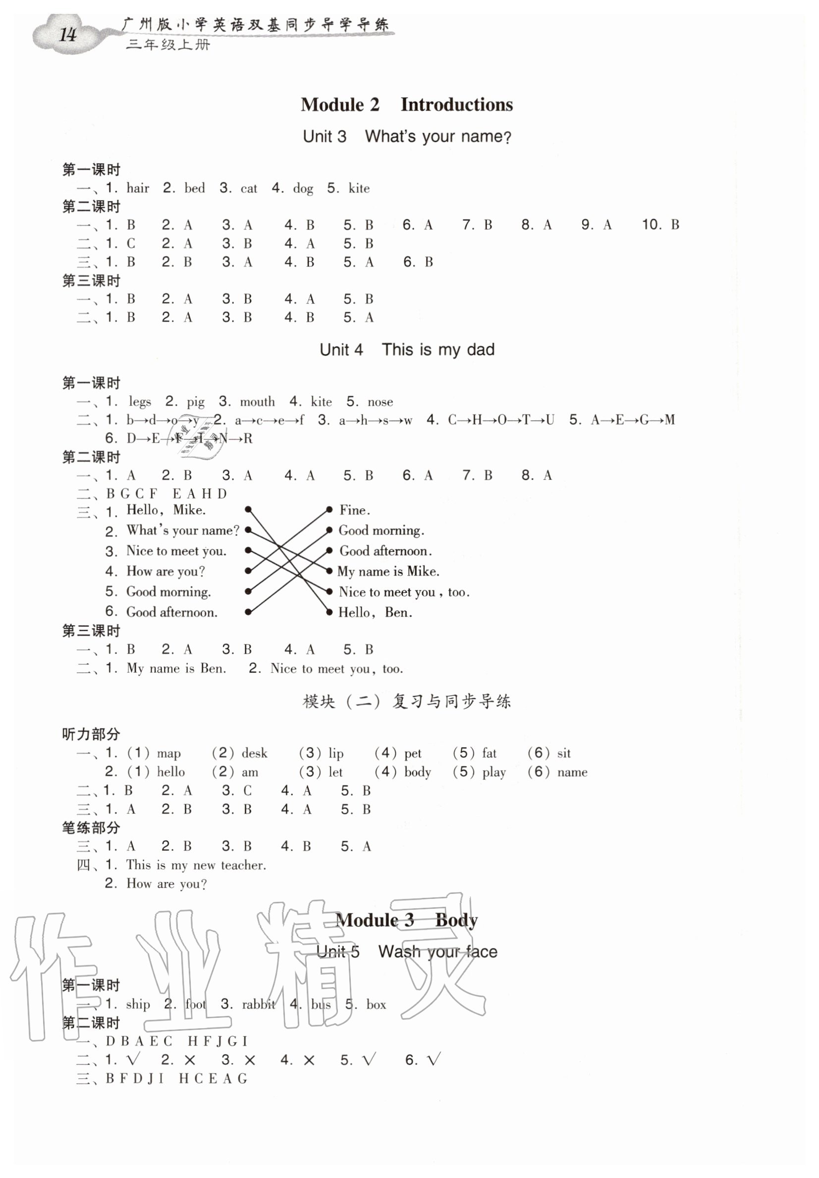 2020年小学英语双基同步导学导练三年级上册广州版 参考答案第2页