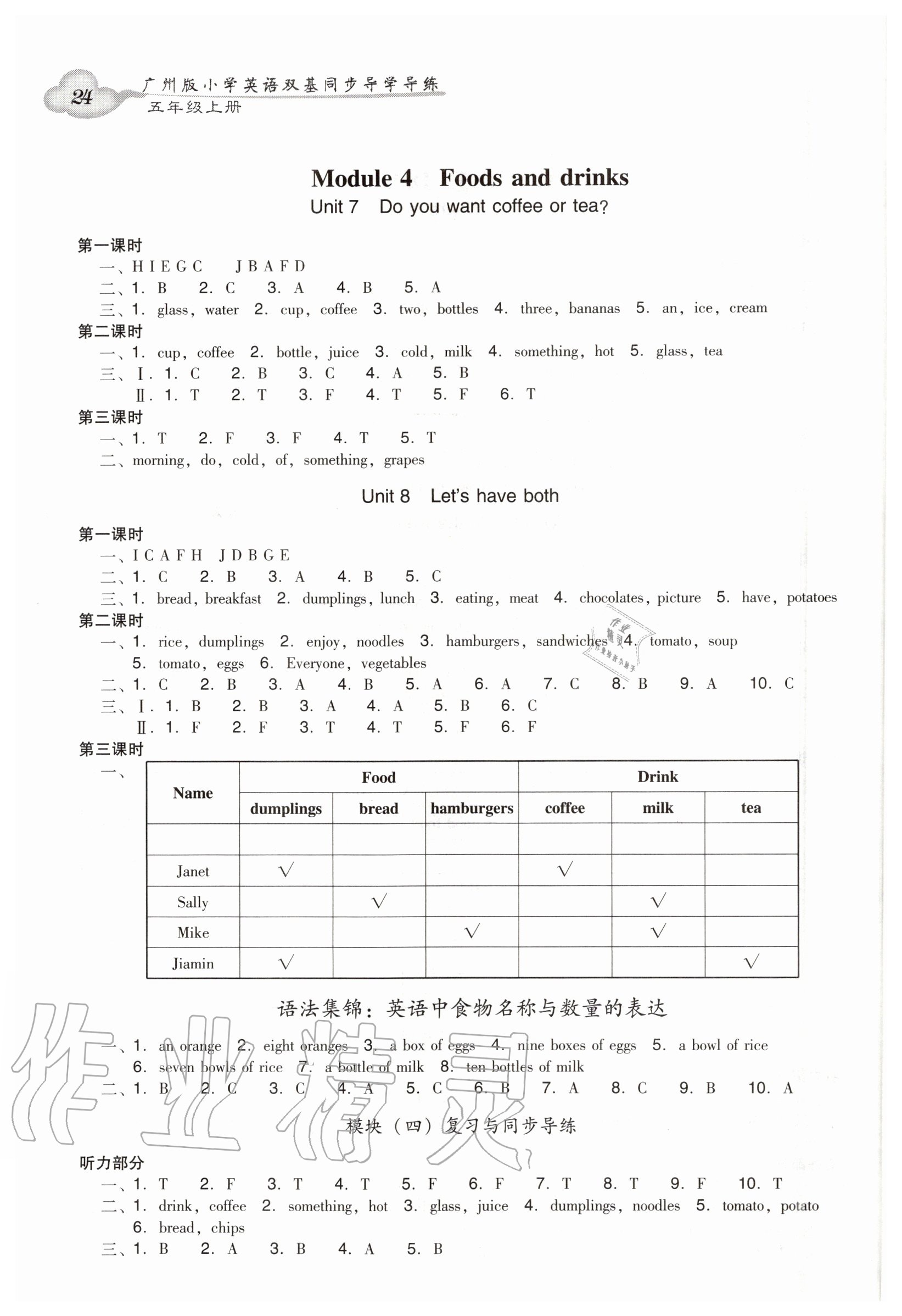 2020年小学英语双基同步导学导练五年级上册广州版 参考答案第4页