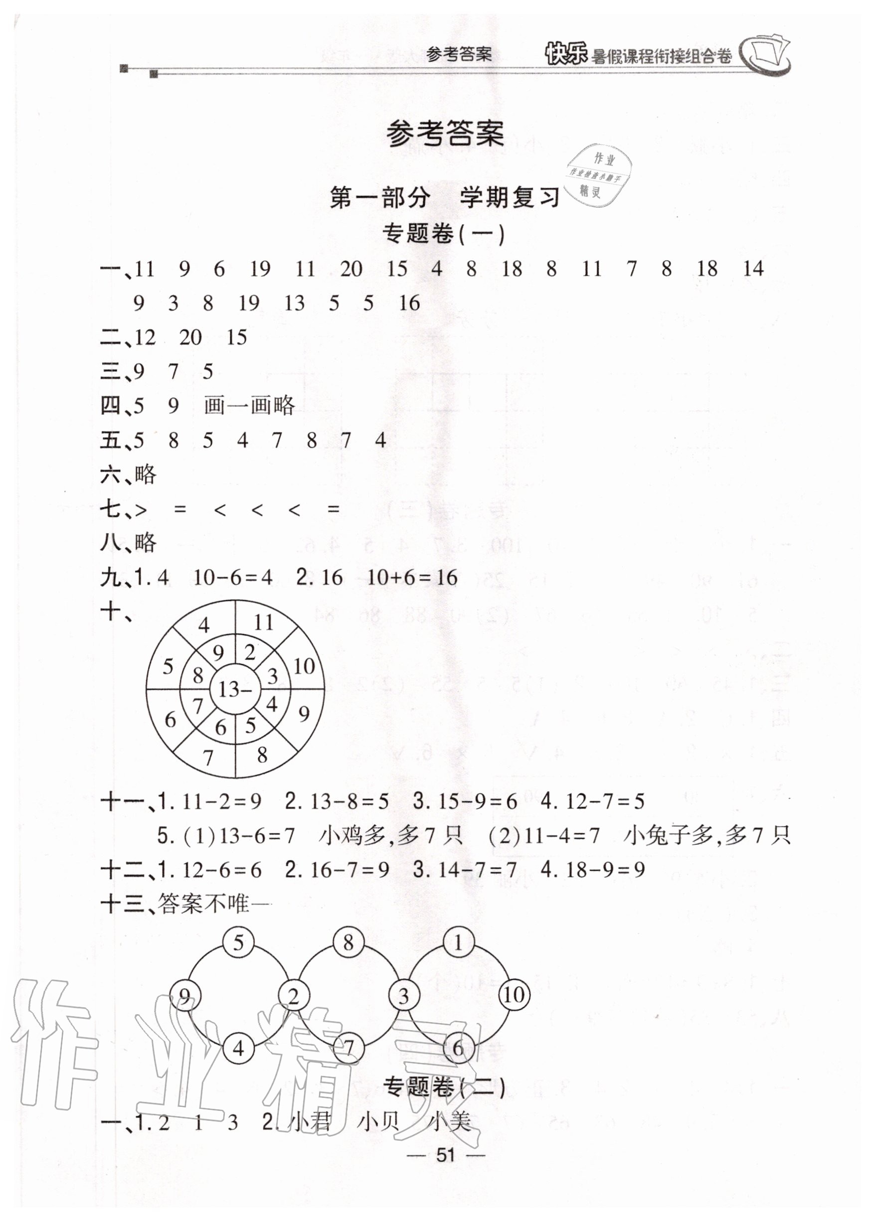 2020年快樂(lè)暑假課程銜接組合卷一年級(jí)數(shù)學(xué)北師大版 參考答案第1頁(yè)