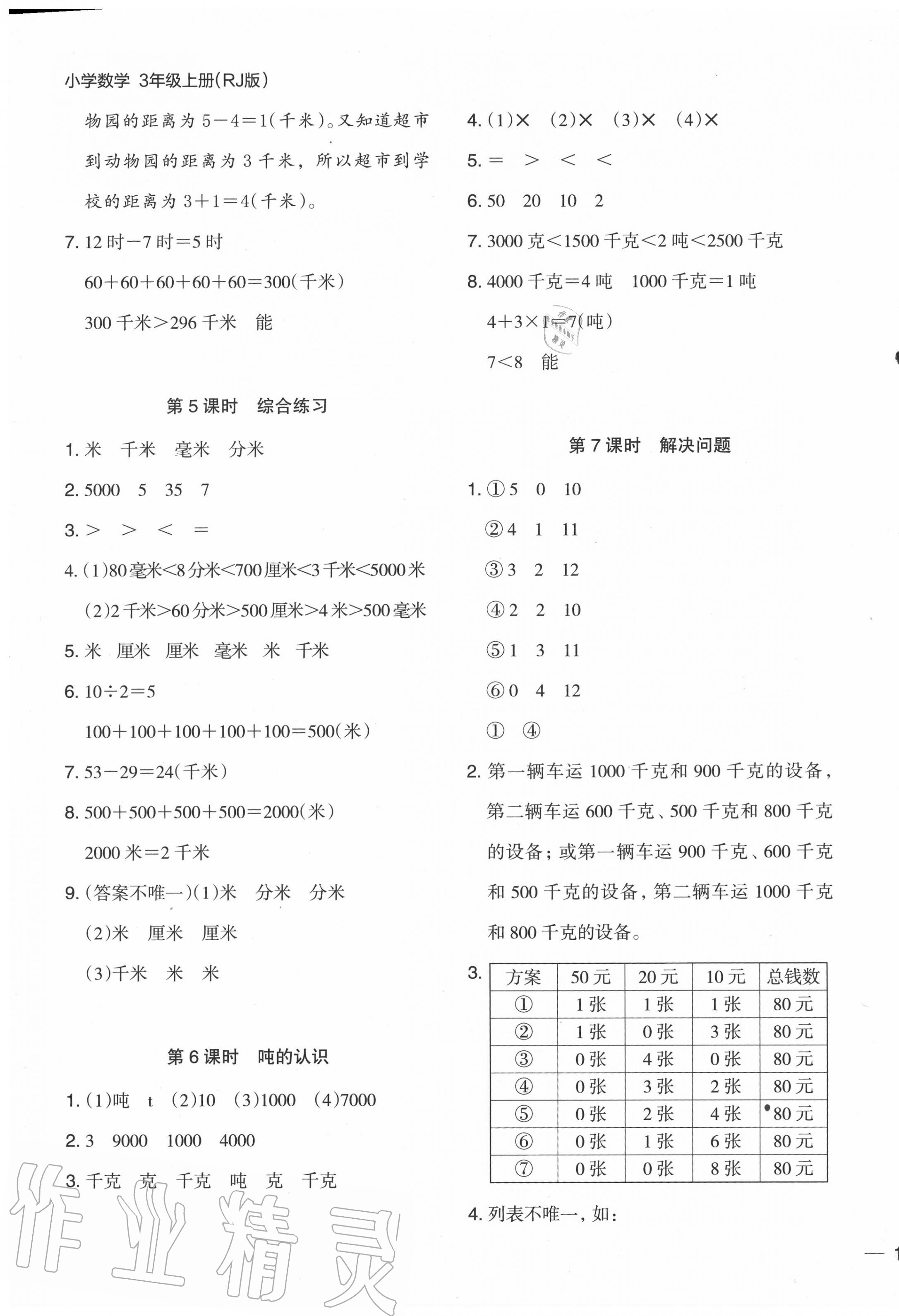 2020年木头马分层课课练小学数学三年级上册人教版浙江专版 参考答案第5页