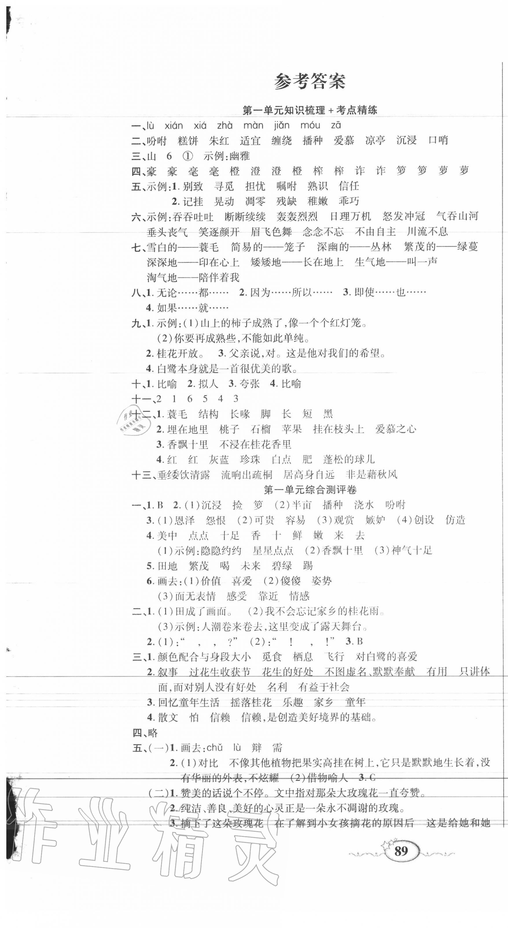 2020年名師考點梳理卷五年級語文上冊人教版 參考答案第1頁