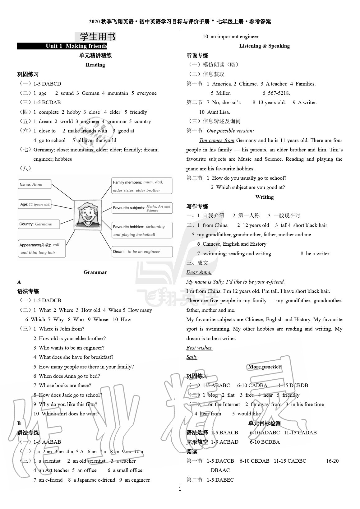 2020年初中英語(yǔ)學(xué)習(xí)目標(biāo)與評(píng)價(jià)手冊(cè)七年級(jí)上冊(cè)廣州版 參考答案第1頁(yè)