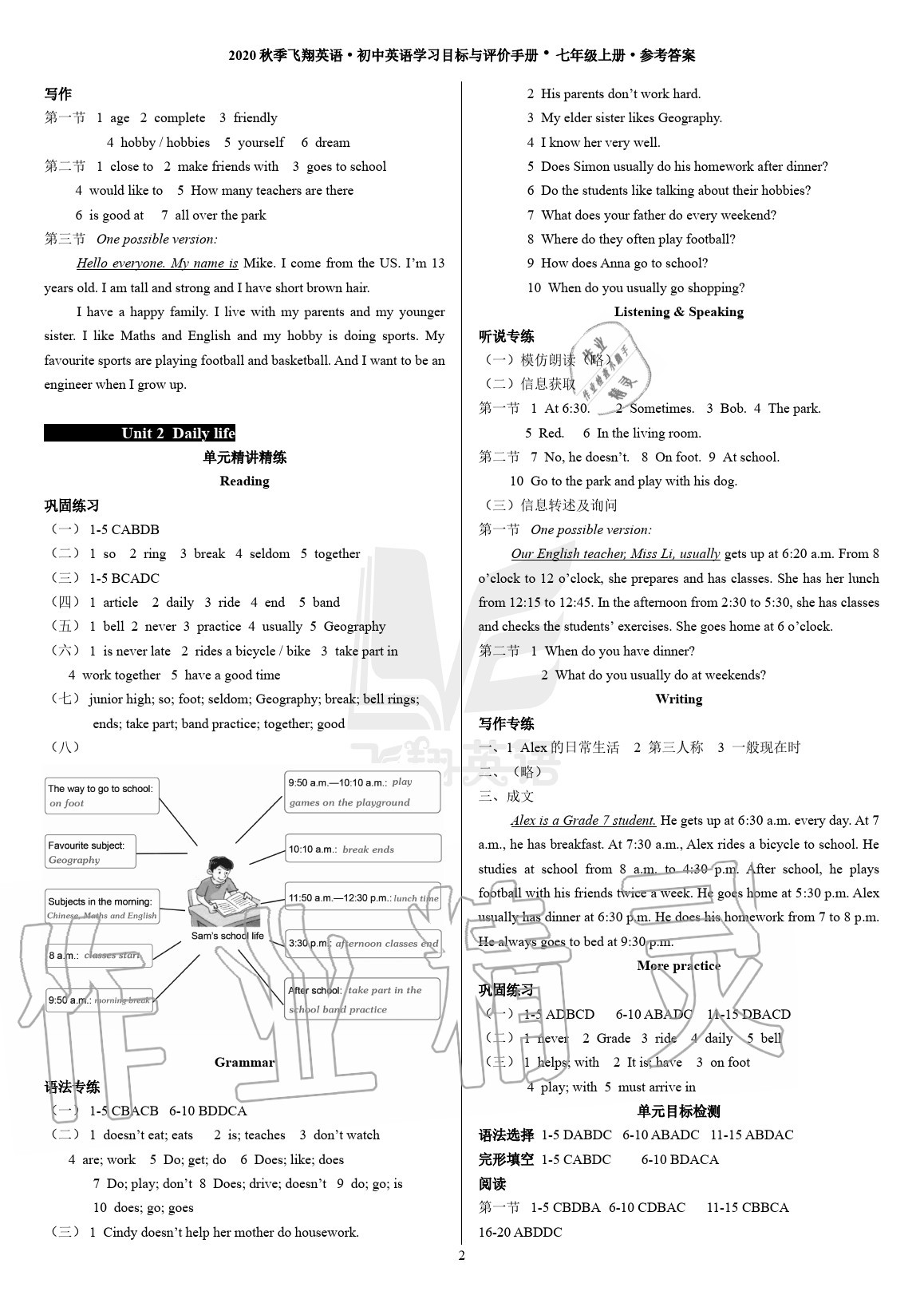 2020年初中英語學習目標與評價手冊七年級上冊廣州版 參考答案第2頁