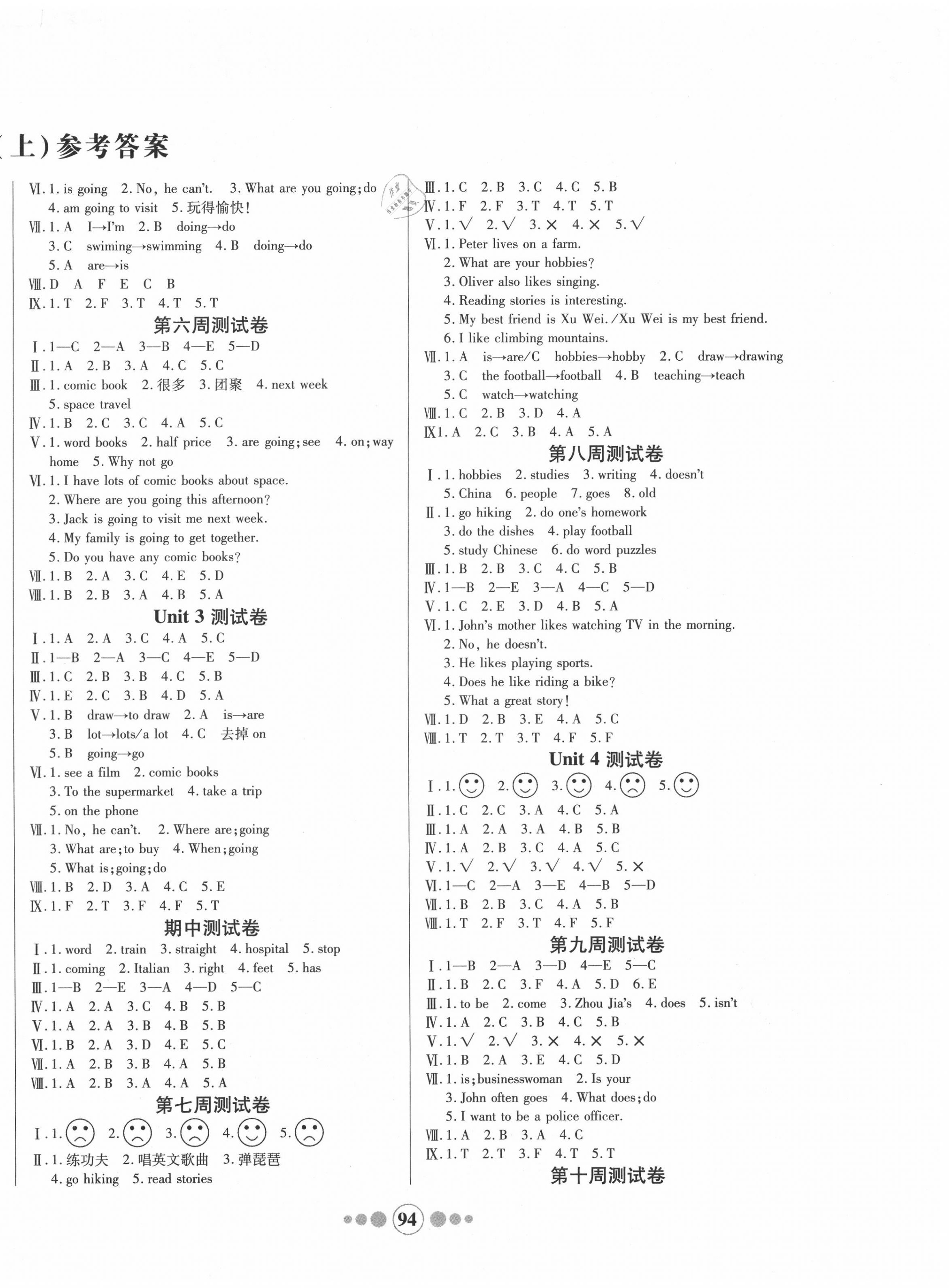 2020年小学生名校百分卷学优好卷六年级英语上册人教版 参考答案第2页