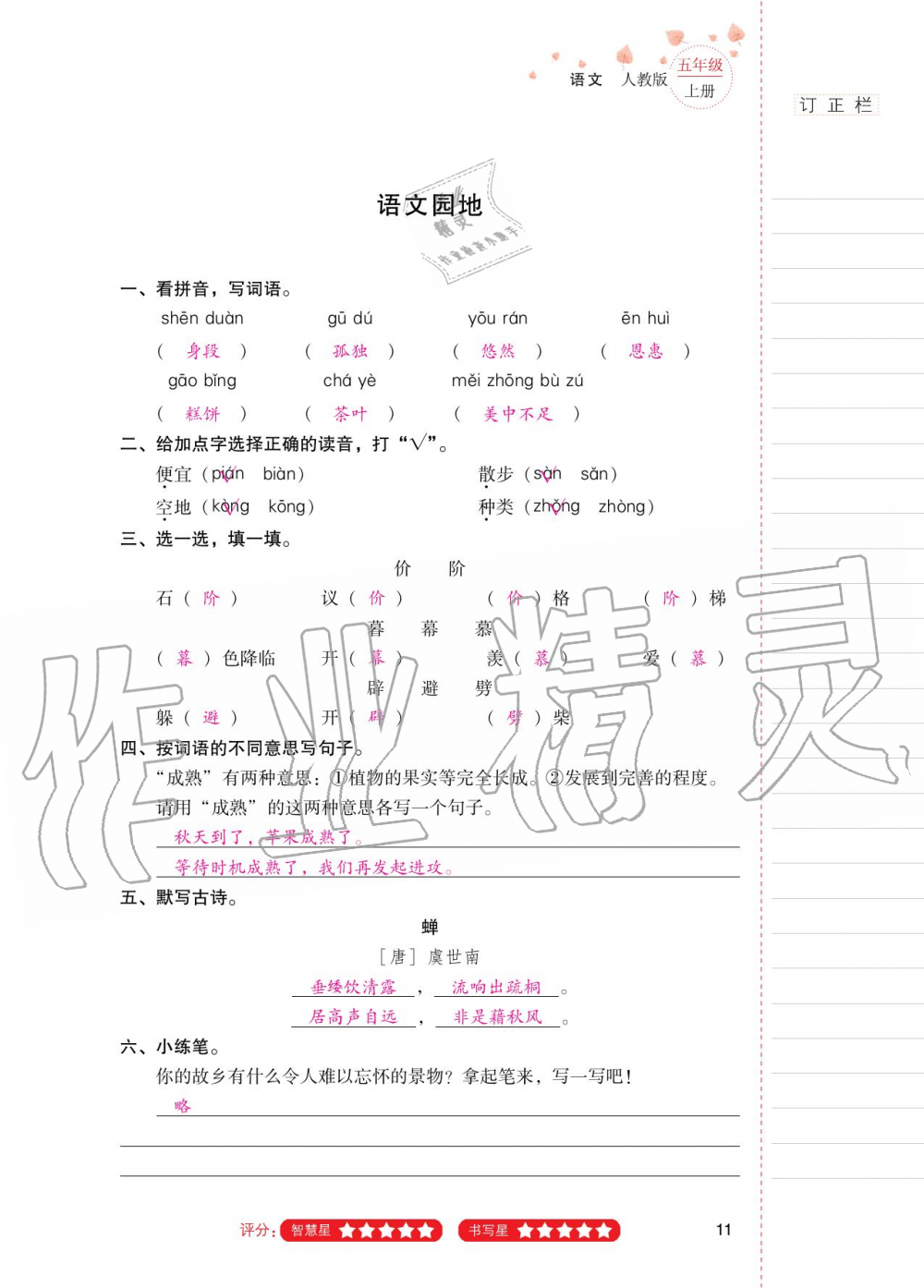 2020年云南省標準教輔同步指導訓練與檢測五年級語文上冊人教版 第10頁