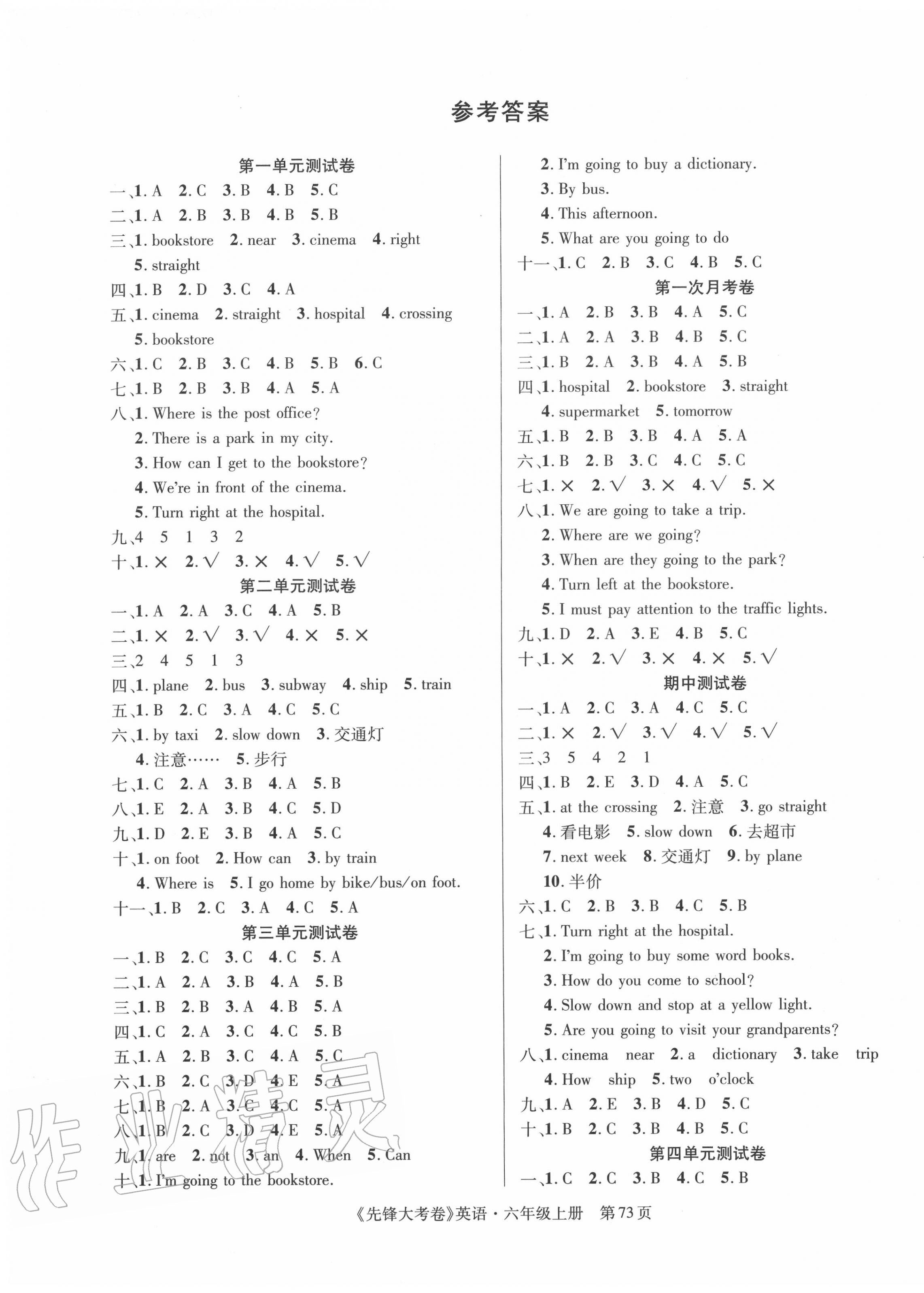 2020年單元加期末復(fù)習(xí)先鋒大考卷六年級(jí)英語(yǔ)上冊(cè)人教PEP版 參考答案第1頁(yè)