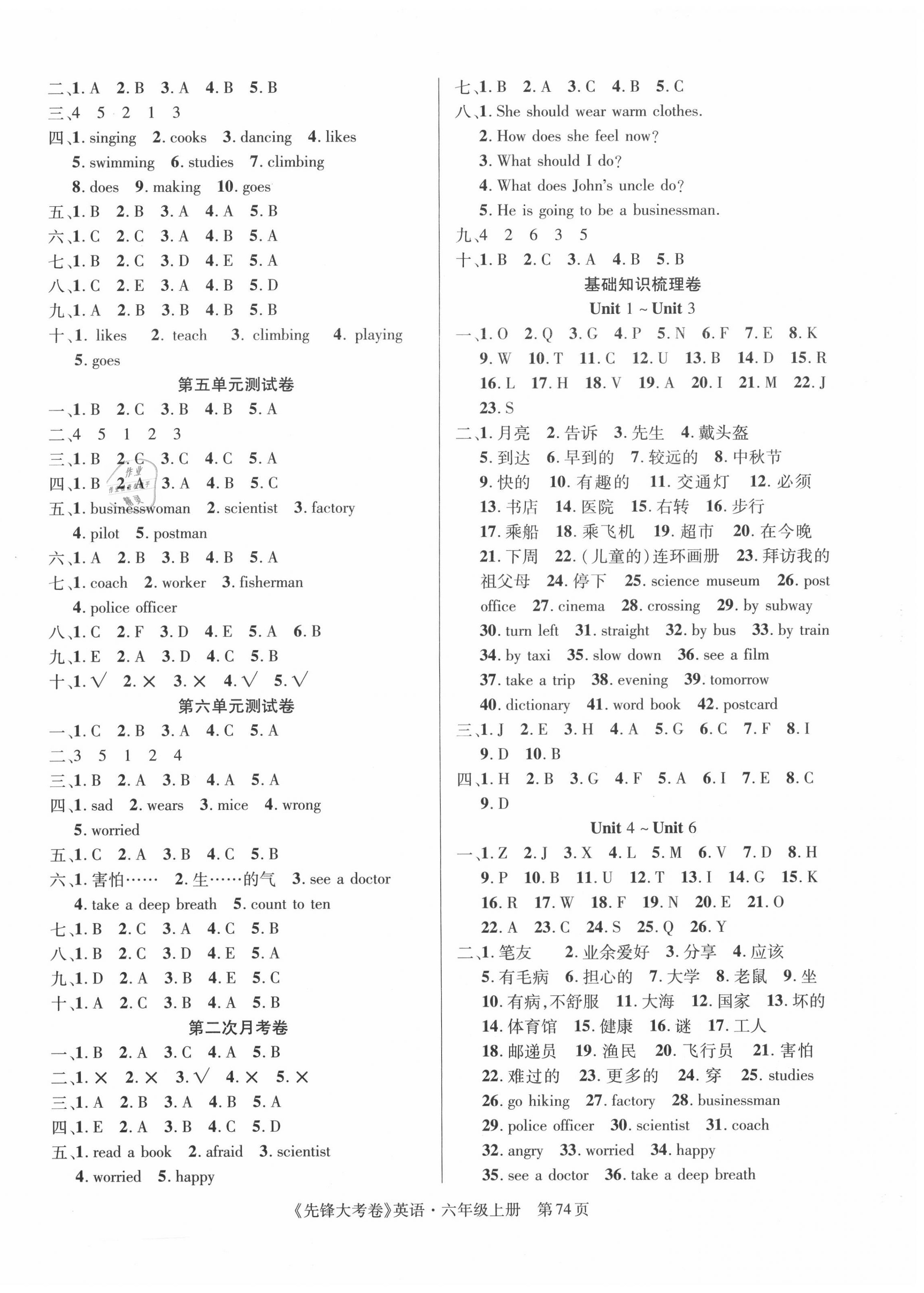 2020年單元加期末復(fù)習(xí)先鋒大考卷六年級(jí)英語上冊(cè)人教PEP版 參考答案第2頁